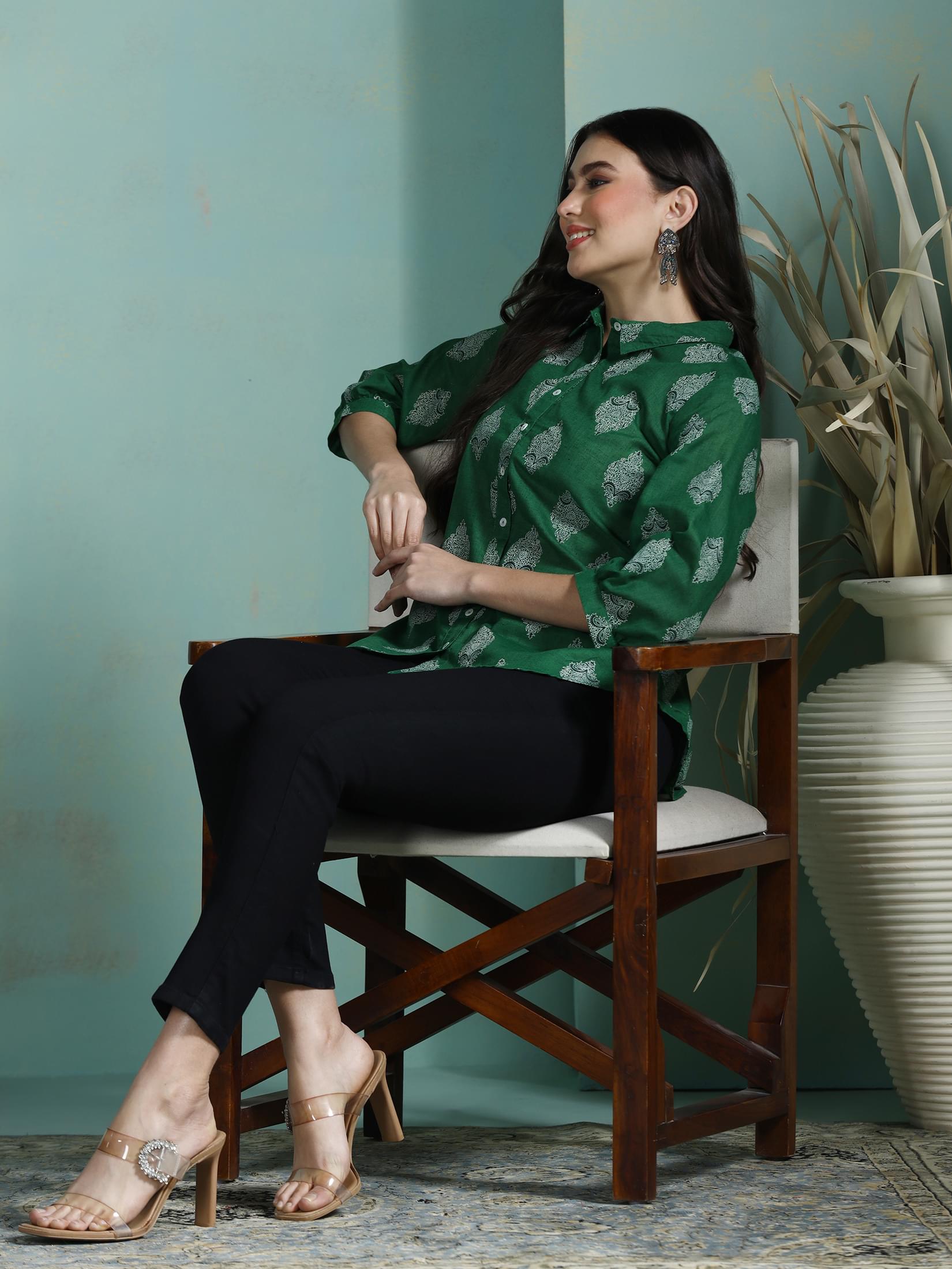 Leaf green printed cotton short tunic top for casual outings