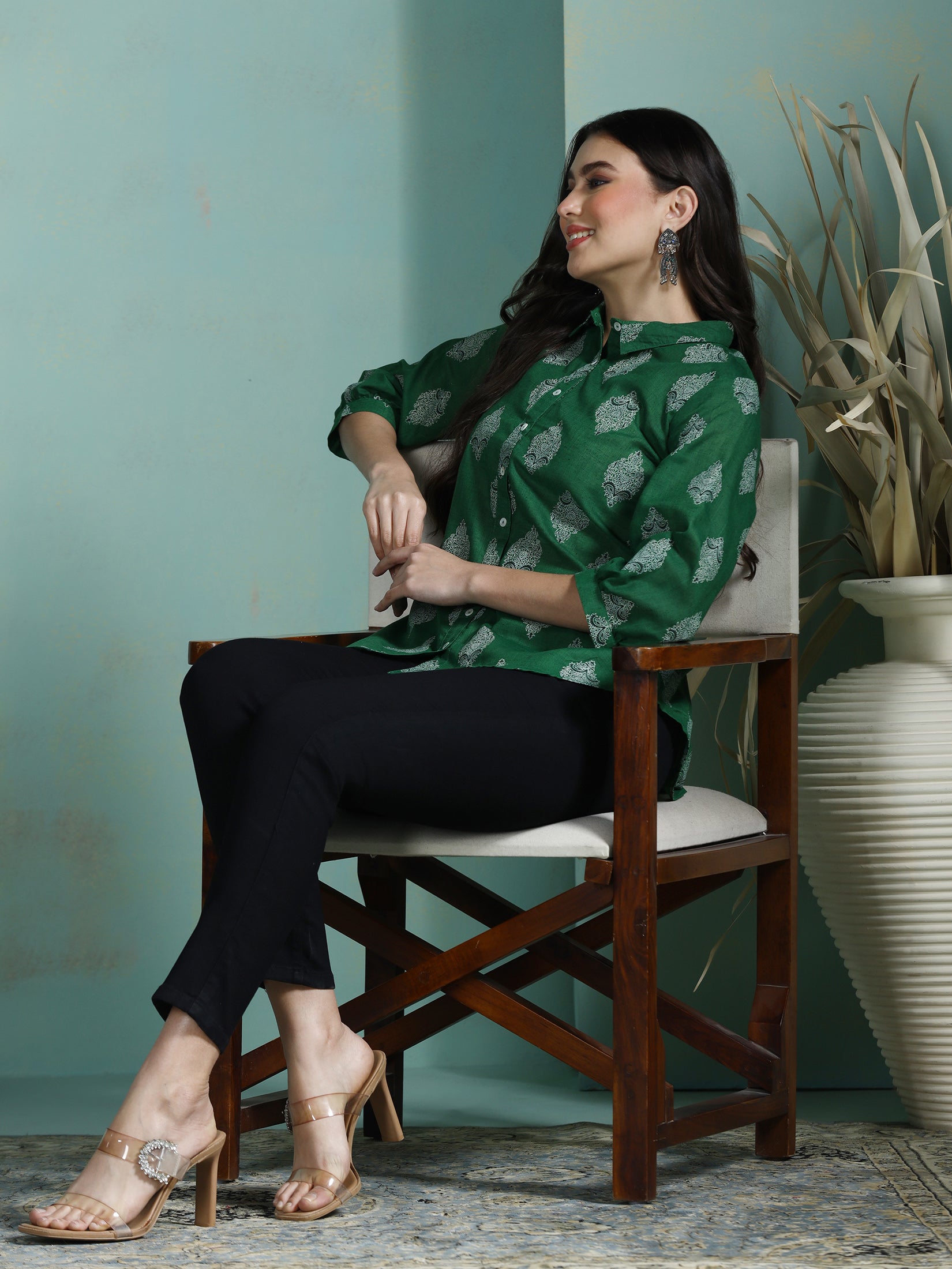 Women Cotton Green Printed Tunic