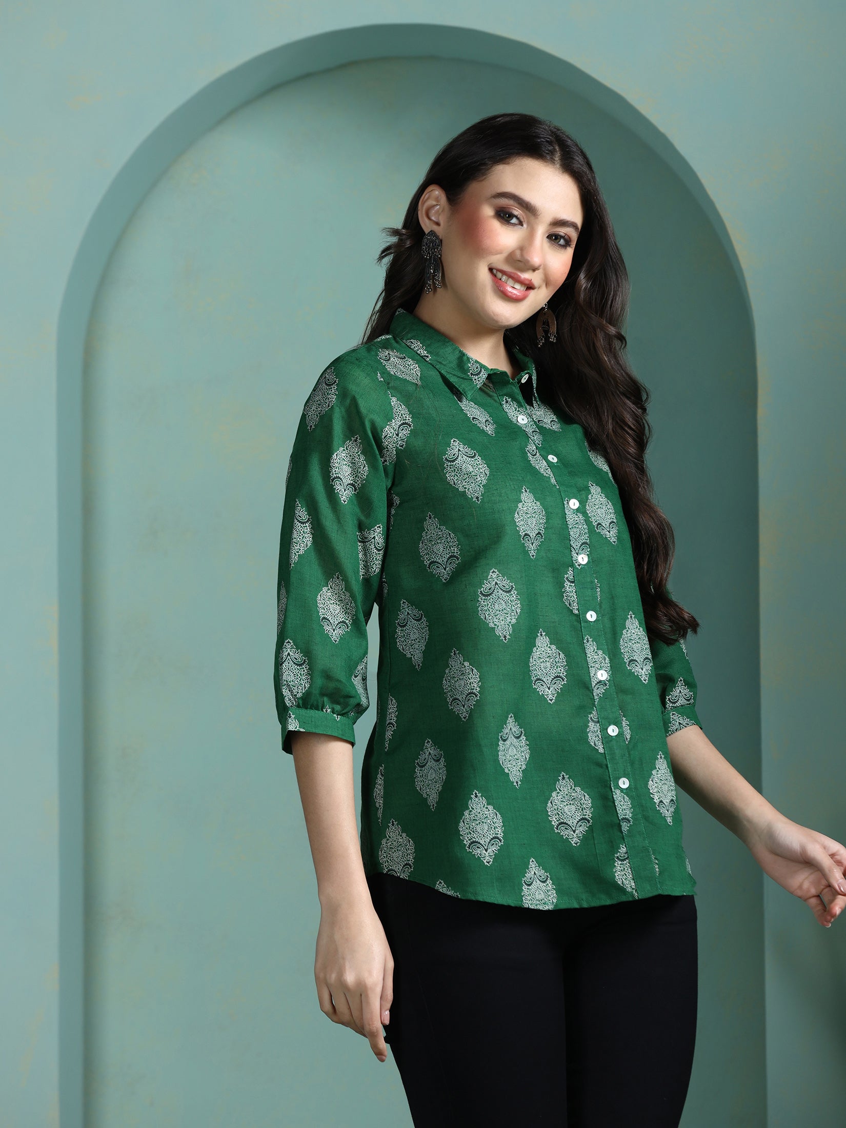 Women Cotton Green Printed Tunic