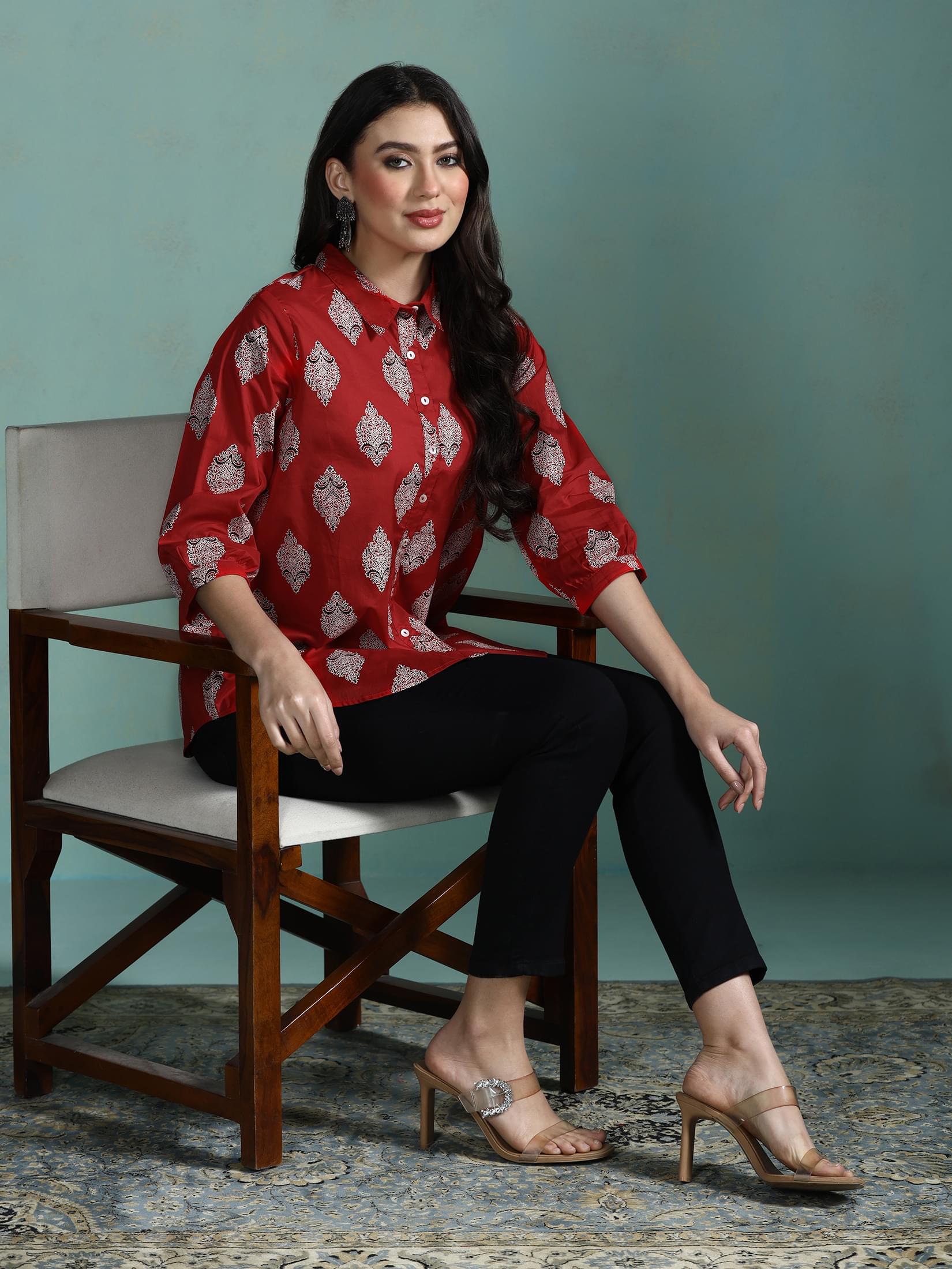 Vibrant fuchsia pink printed cotton regular fit tunic style top byshree