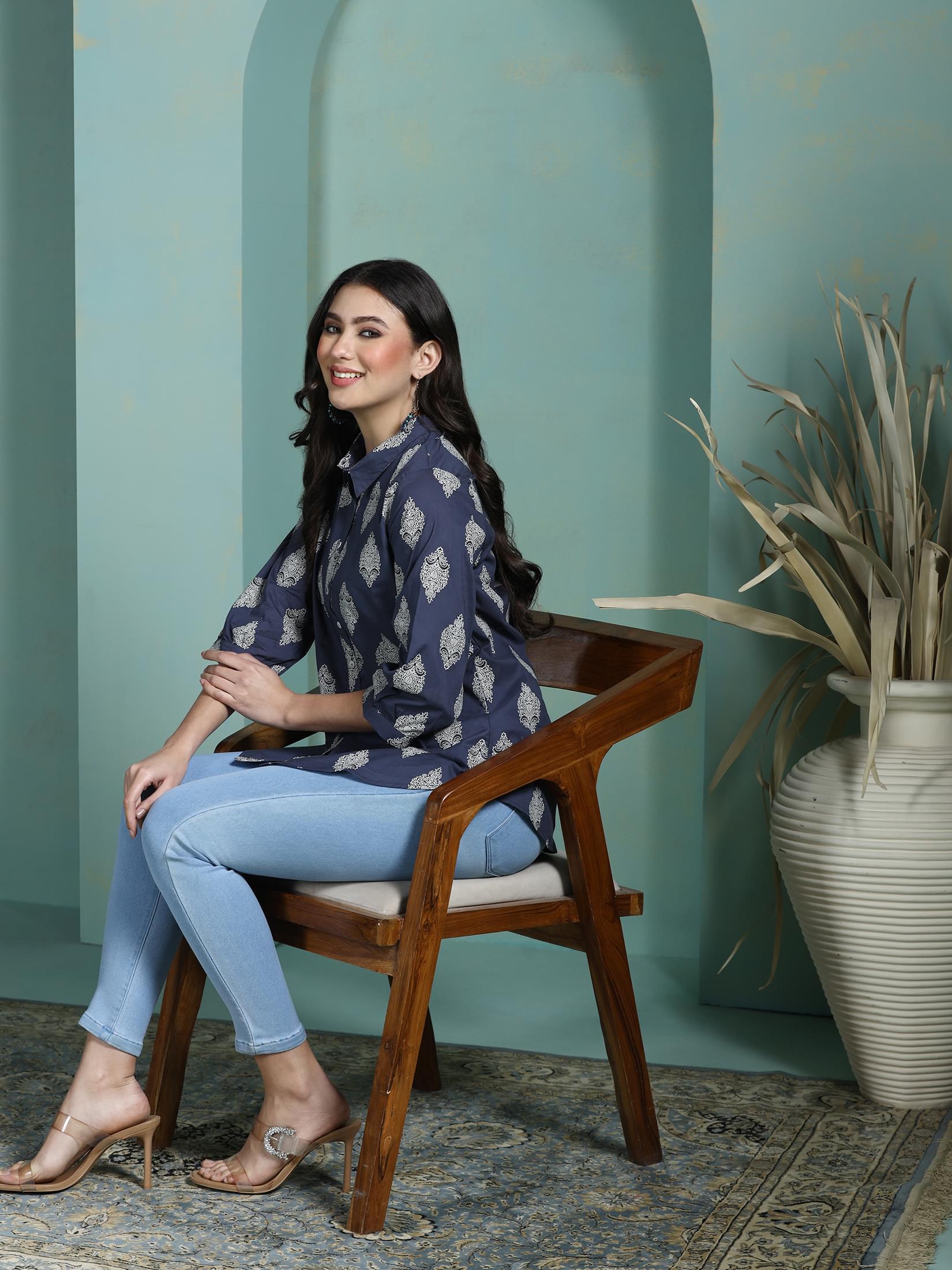 Charcoal grey printed cotton casual wear tunic top for everyday comfort