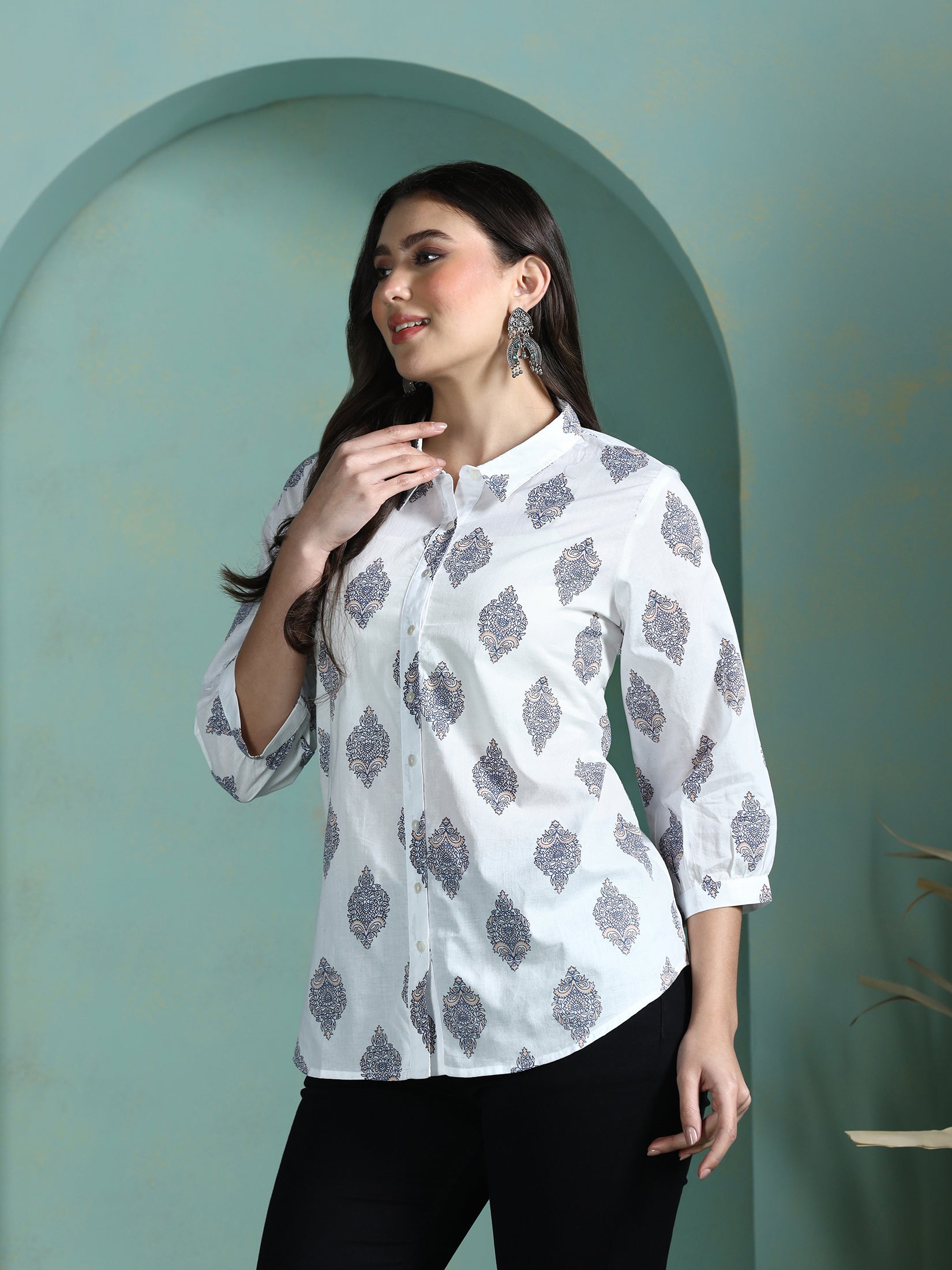 Women Cotton White Printed Tunic