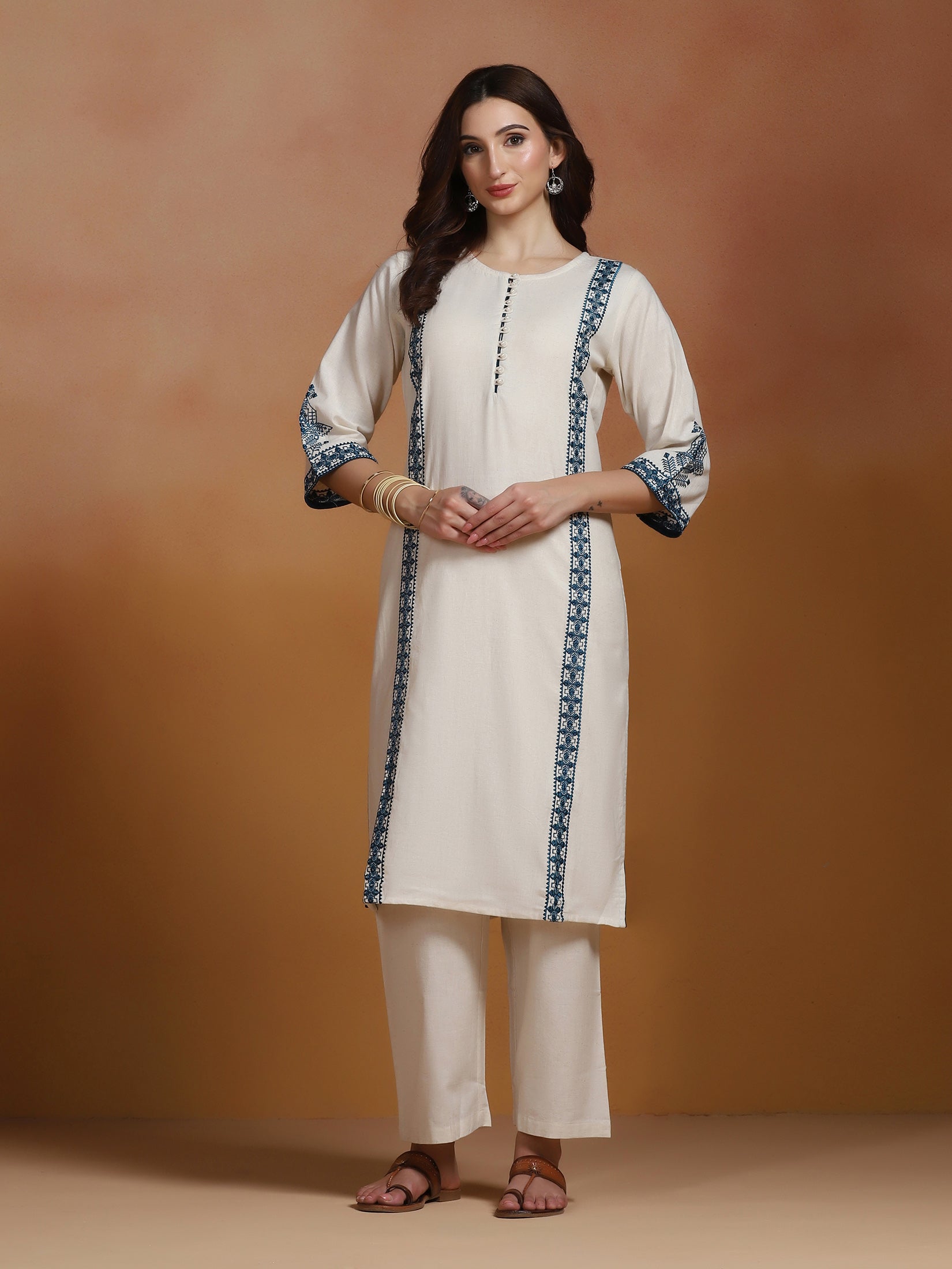 Women Cotton Flex Off White Embroidered Kurta Comfort Pant Dupatta