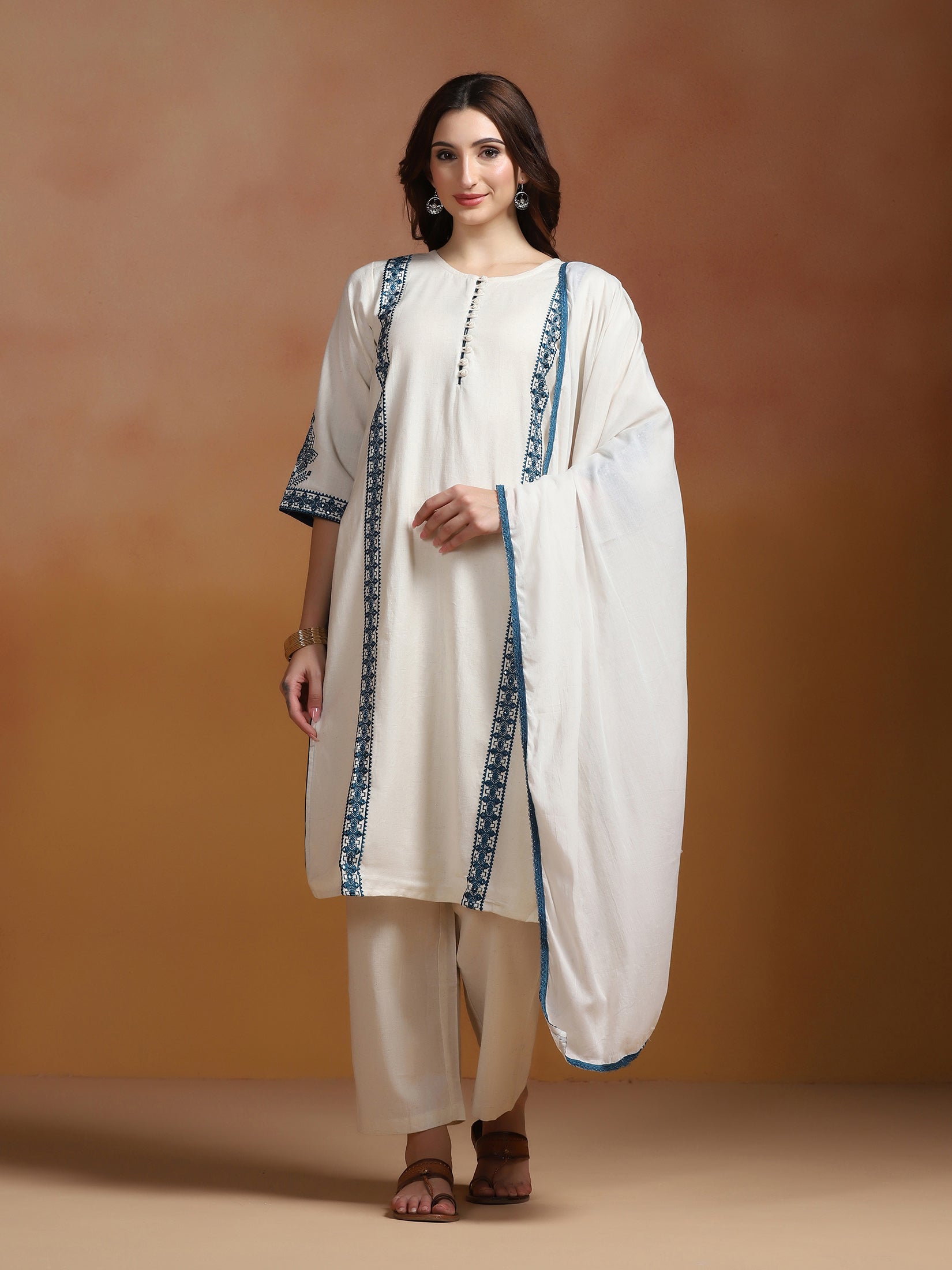 Women Cotton Flex Off White Embroidered Kurta Comfort Pant Dupatta