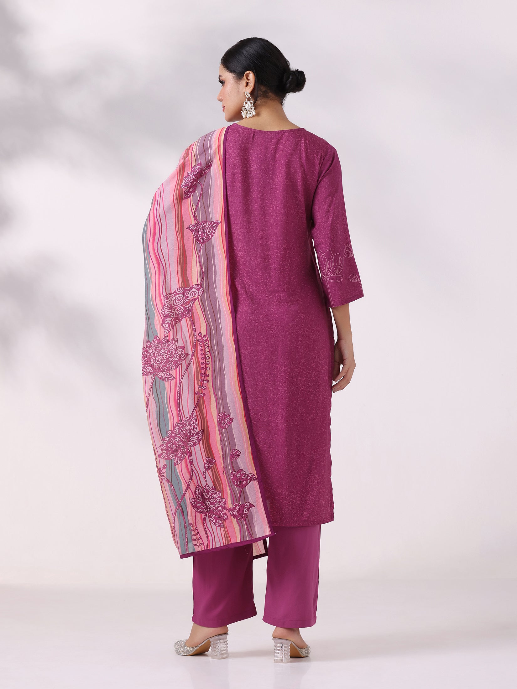 Women Liva Purple Printed Kurta Comfort Pant Dupatta