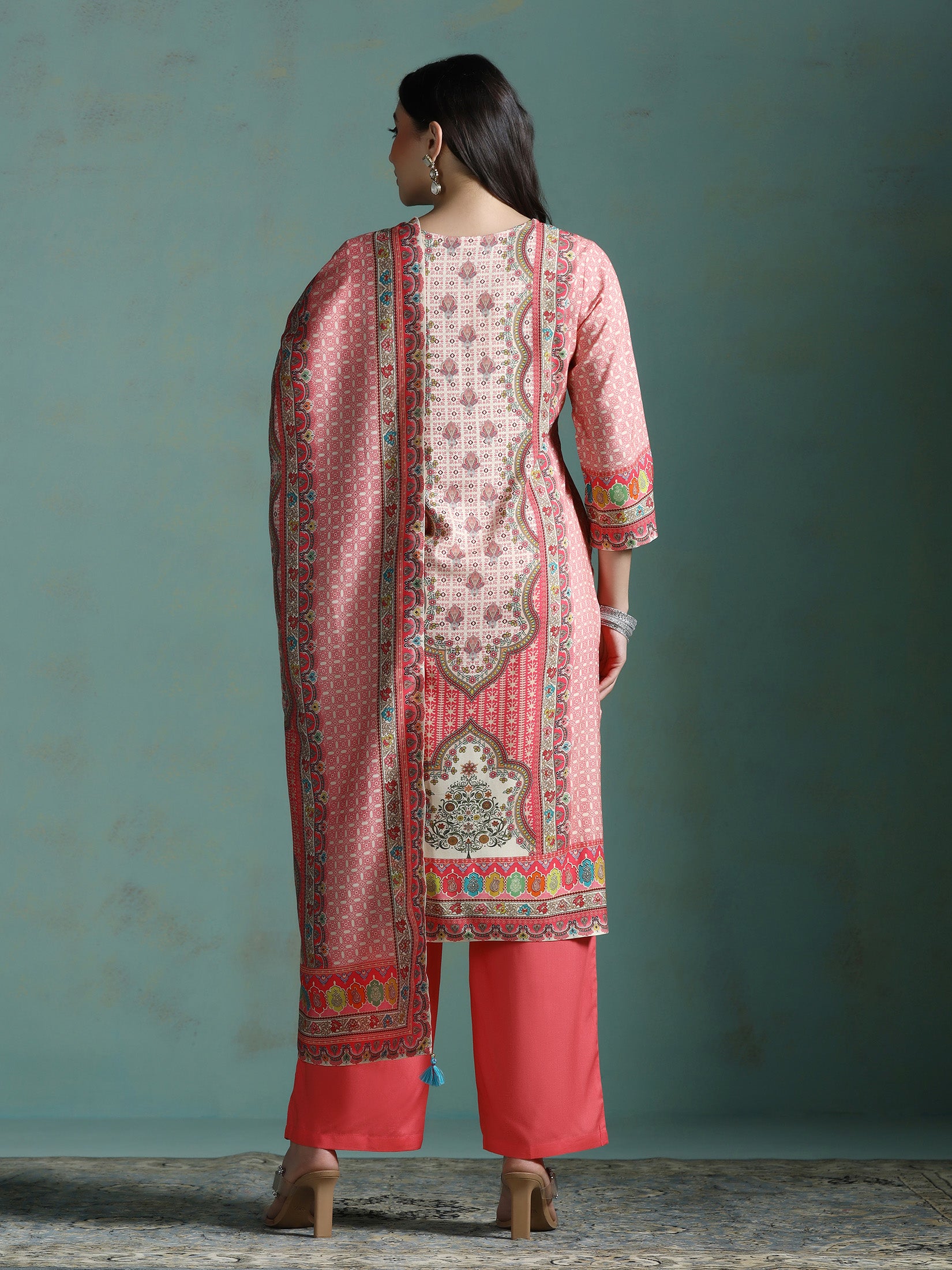 Women Liva Pink Multi Printed Kurta Comfort Pant Dupatta