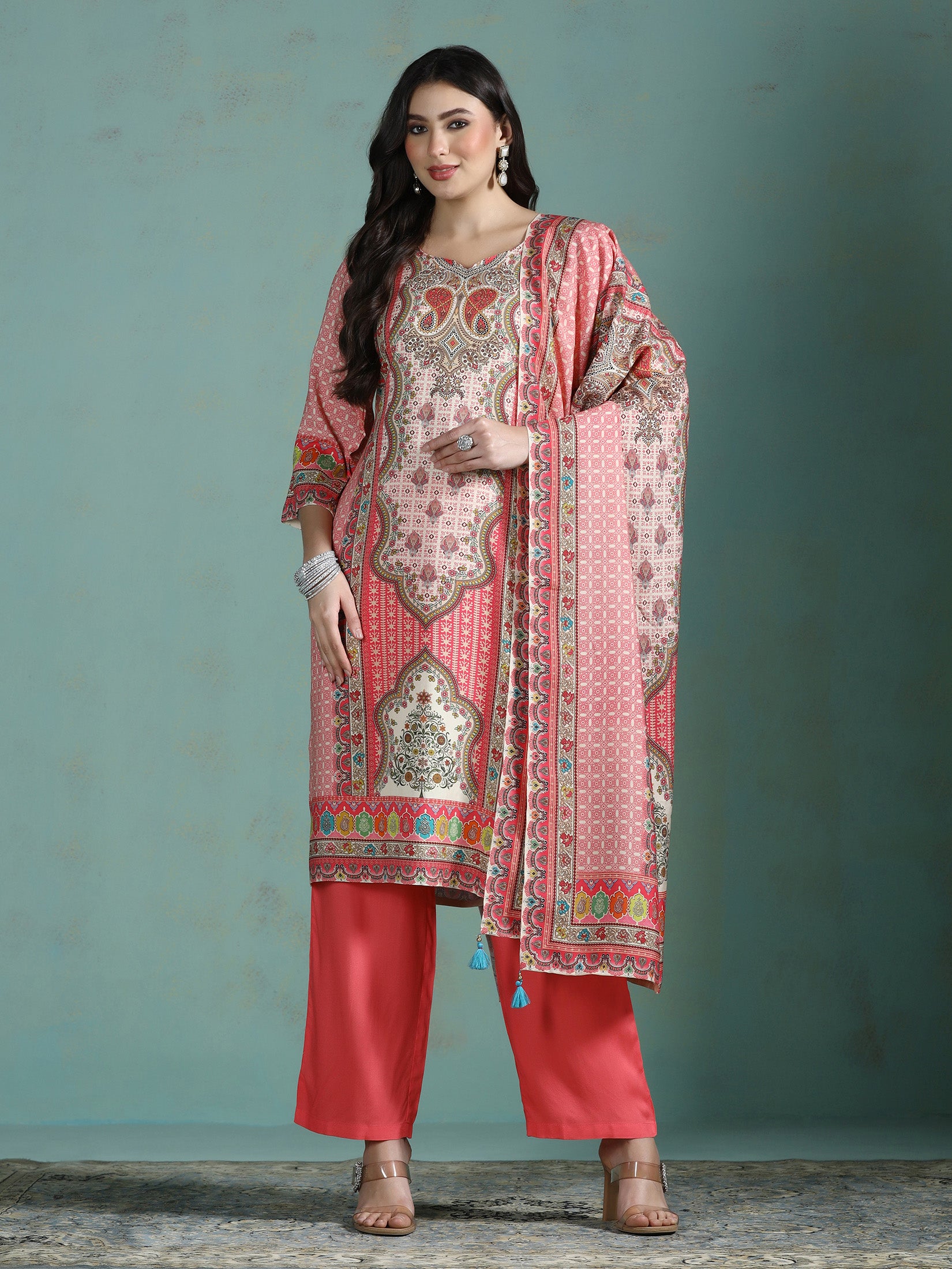 Women Liva Pink Multi Printed Kurta Comfort Pant Dupatta