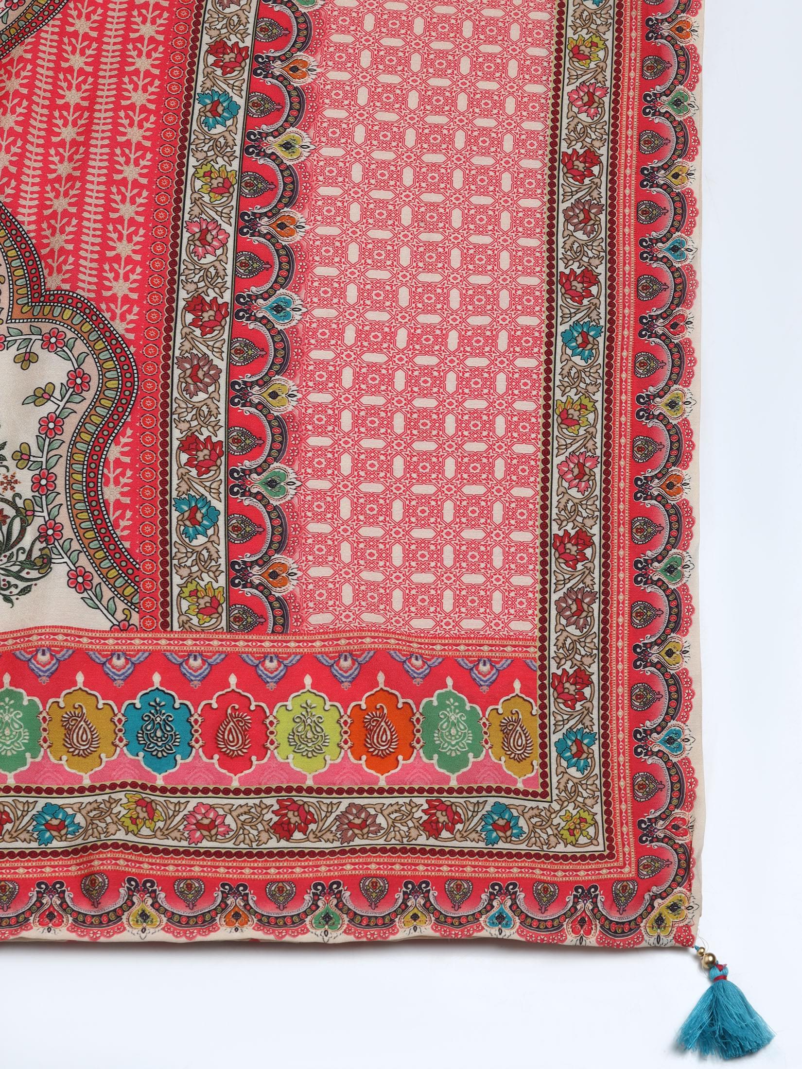 Women Liva Pink Multi Printed Kurta Comfort Pant Dupatta.