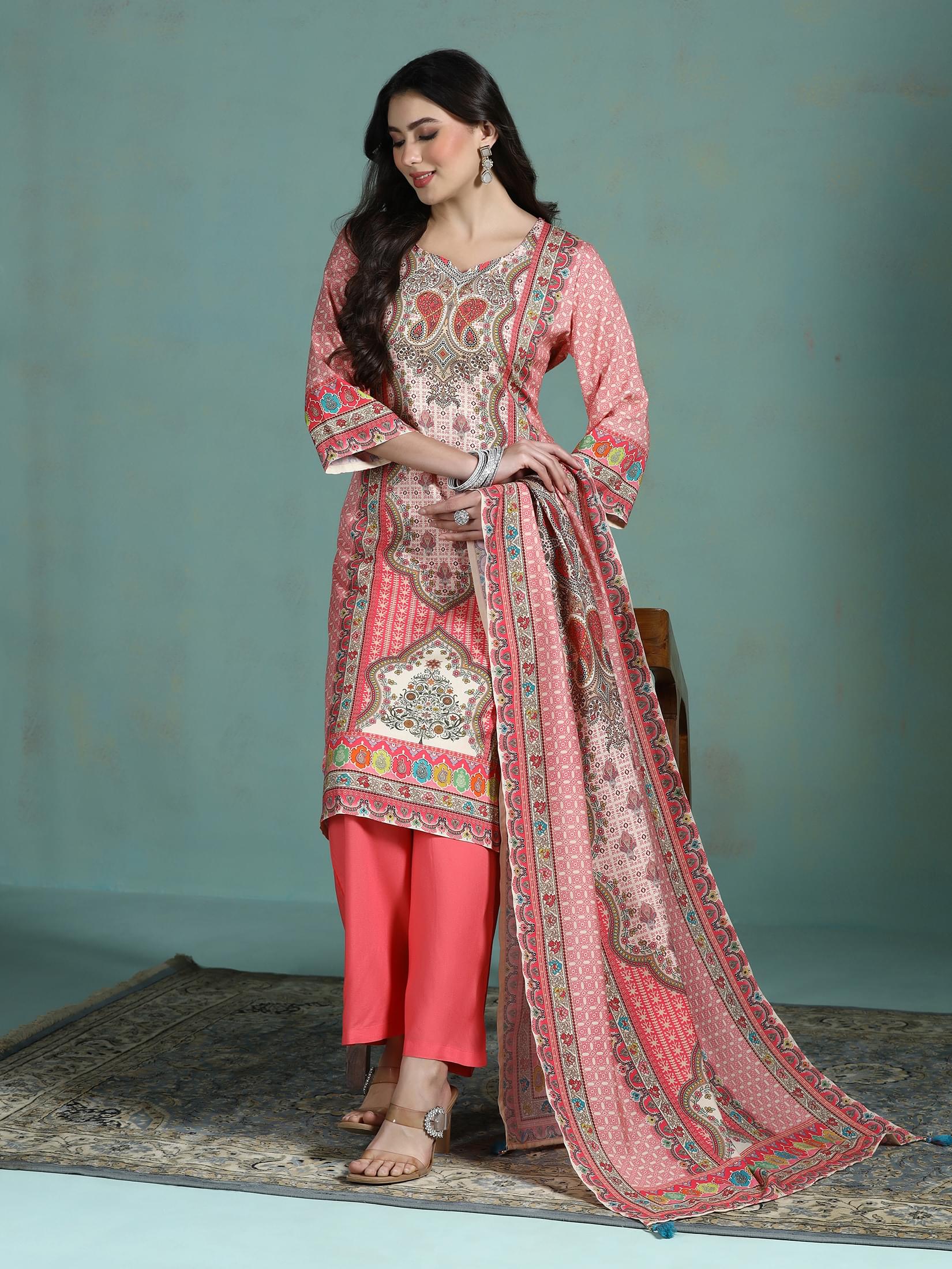 Blush pink multi tonal print Liva straight kurta trousers dupatta set
