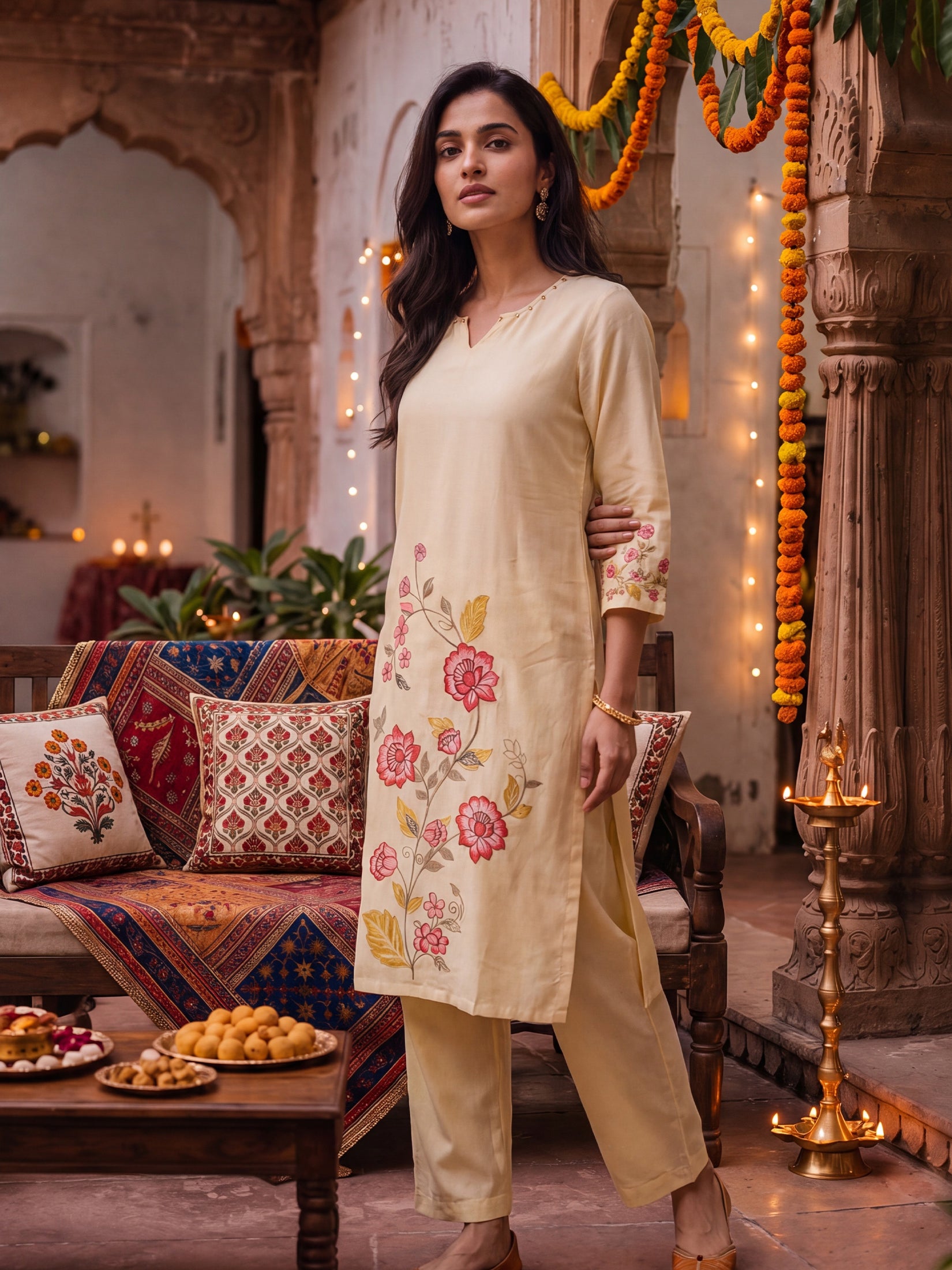Women Liva Cream Floral Print Kurta Comfort Pant Dupatta