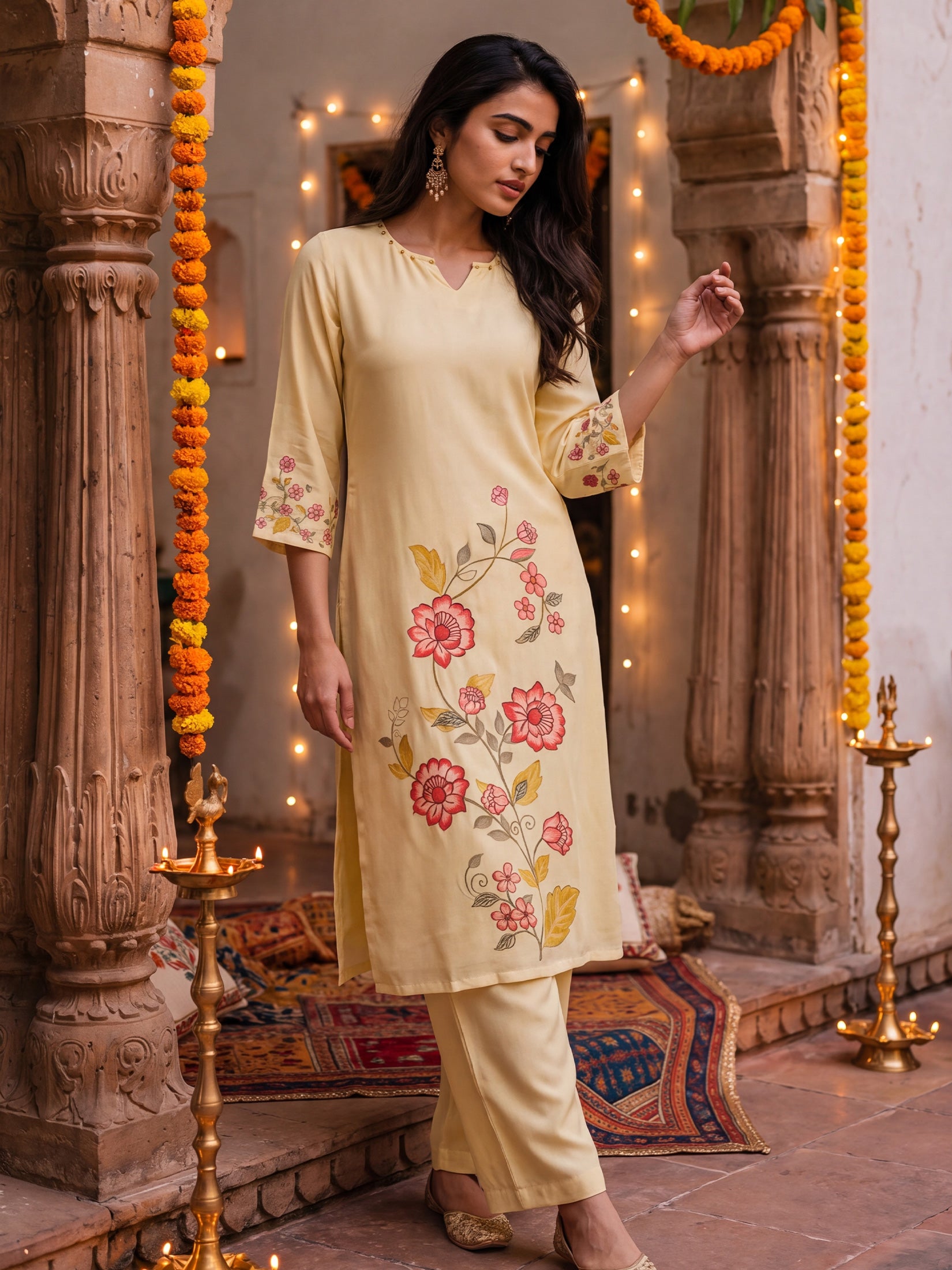 Women Liva Cream Floral Print Kurta Comfort Pant Dupatta