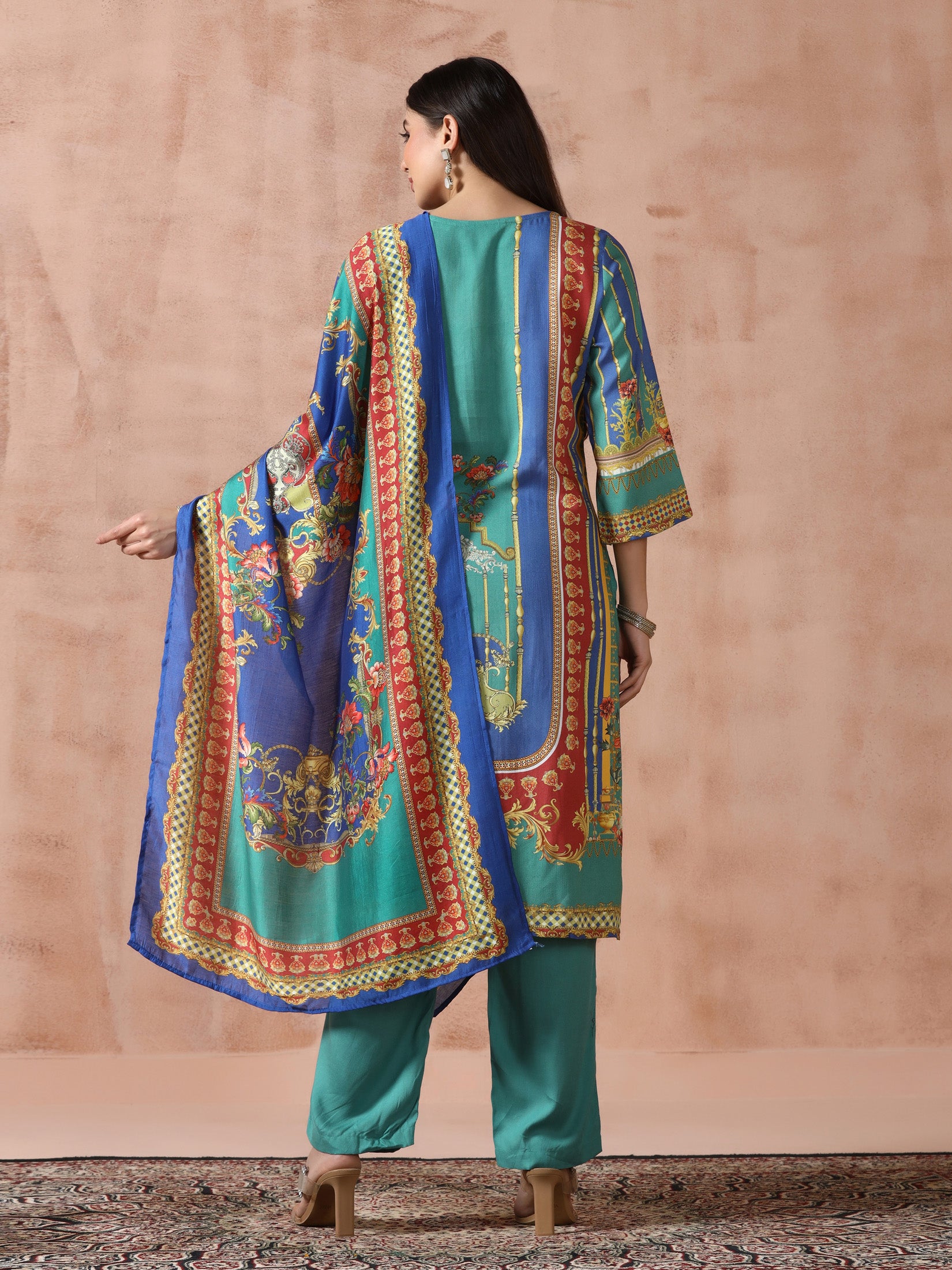 Women Liva Rayon Green Printed Kurta Comfort Pant Dupatta