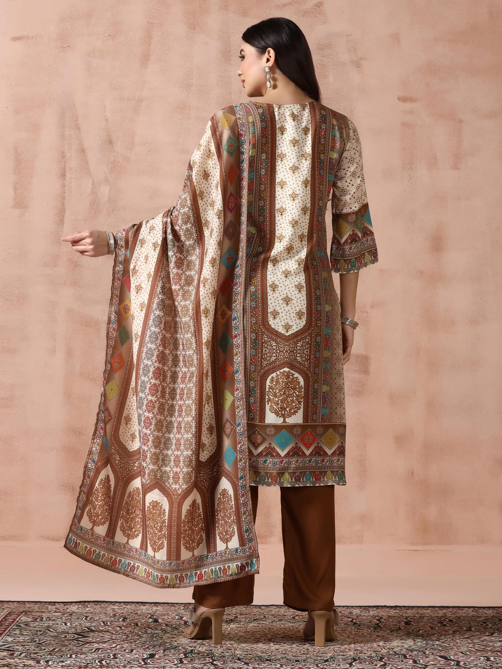 Women Liva Off-white Multicolor Printed Kurta Comfort Pant Dupatta.