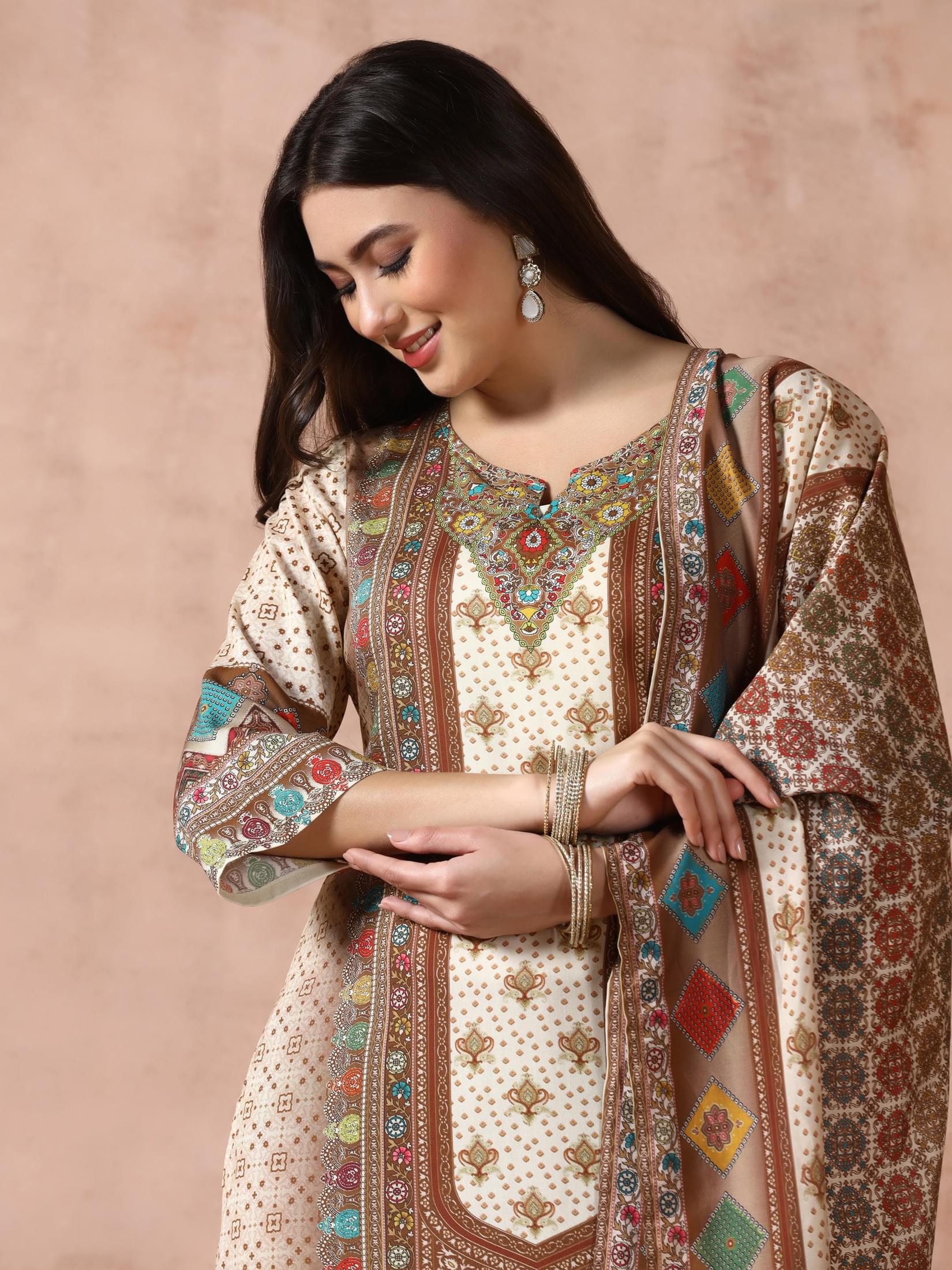 Women Liva Off-white Multicolor Printed Kurta Comfort Pant Dupatta.