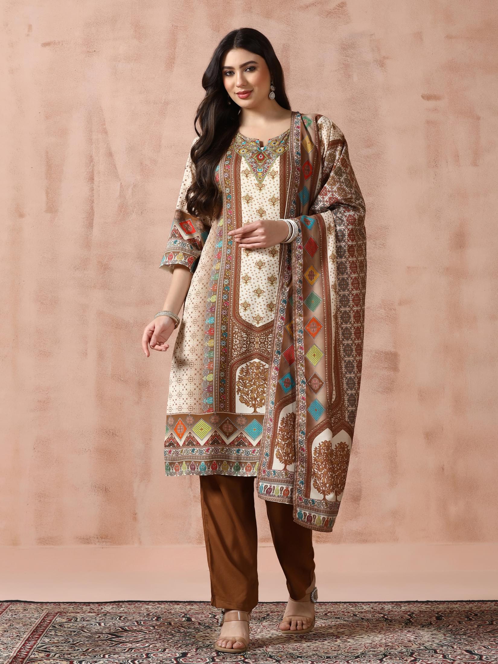 Women Liva Off-white Multicolor Printed Kurta Comfort Pant Dupatta.