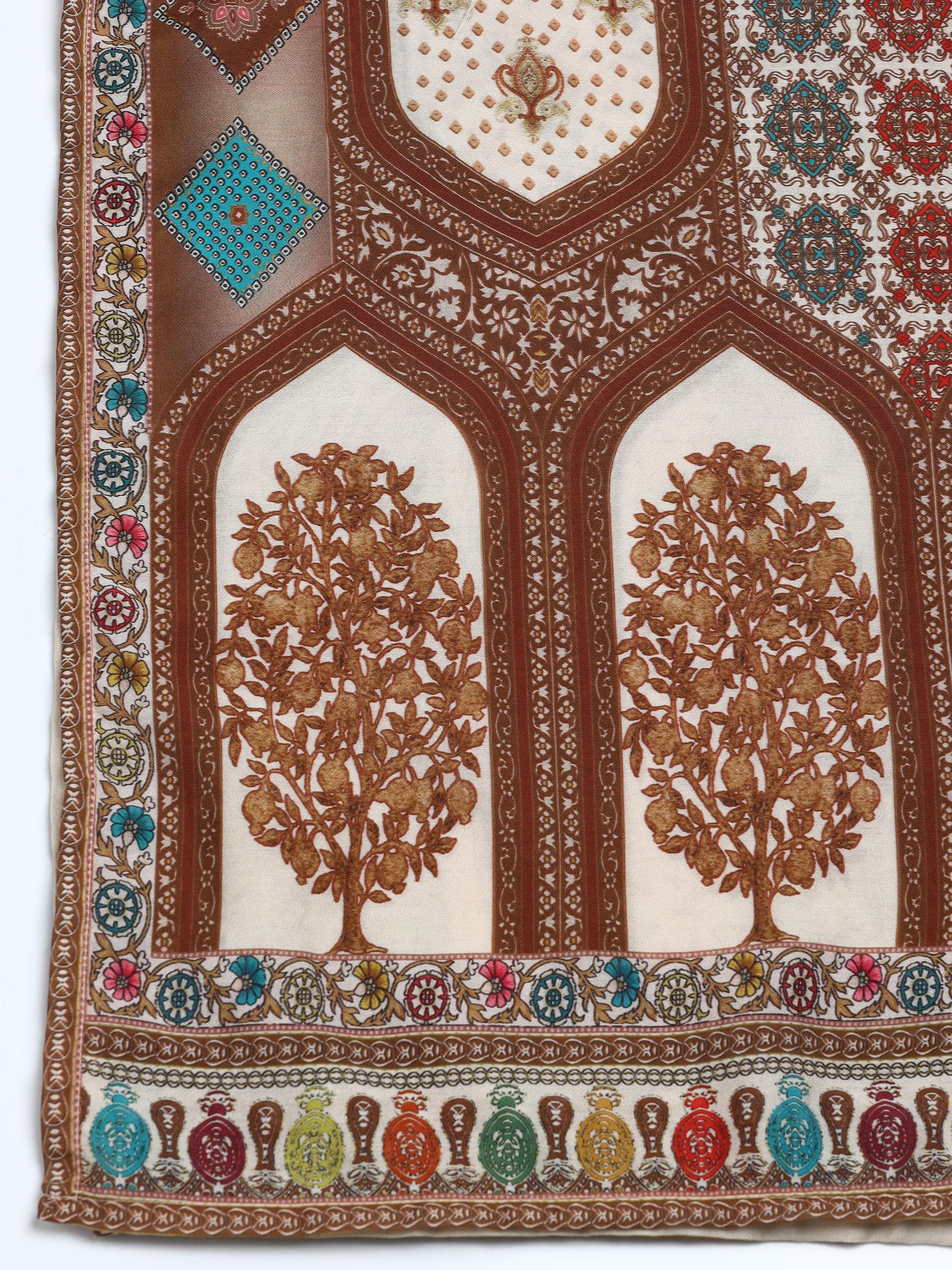 Women Liva Off-white Multicolor Printed Kurta Comfort Pant Dupatta.