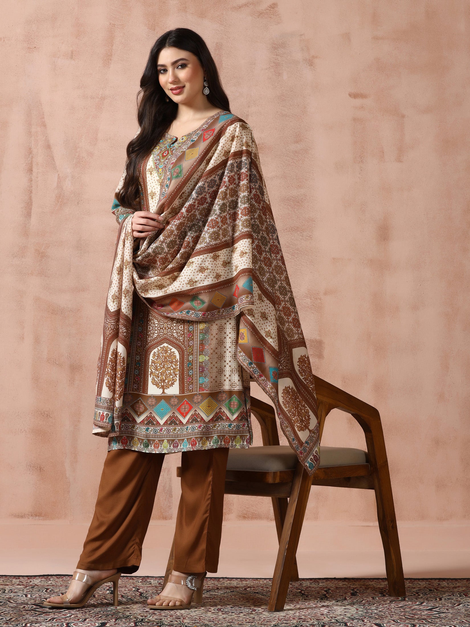 Women Liva Off-white Multicolor Printed Kurta Comfort Pant Dupatta