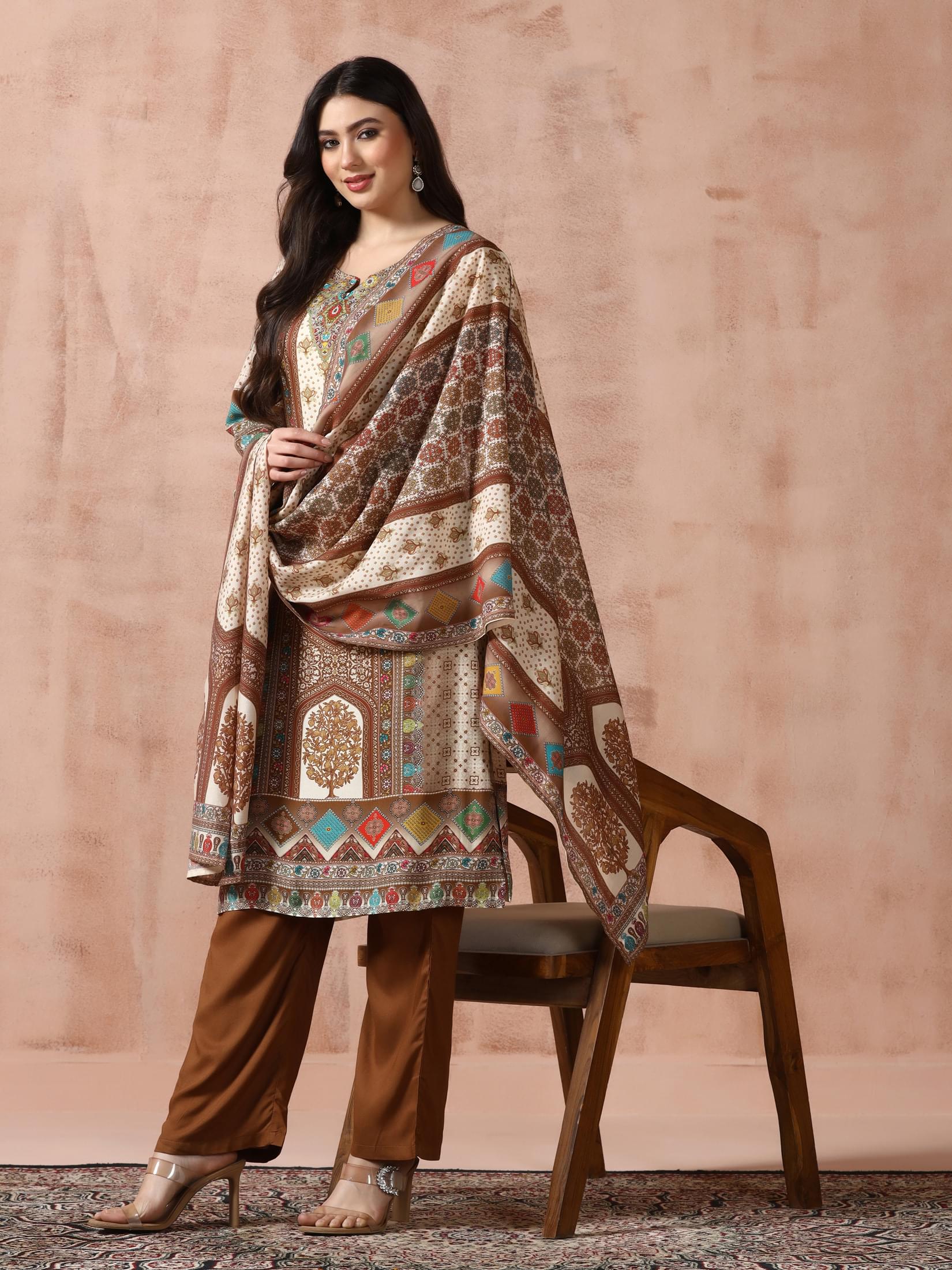 Off white multicolor geometric print Liva fabric matching dupatta suit set