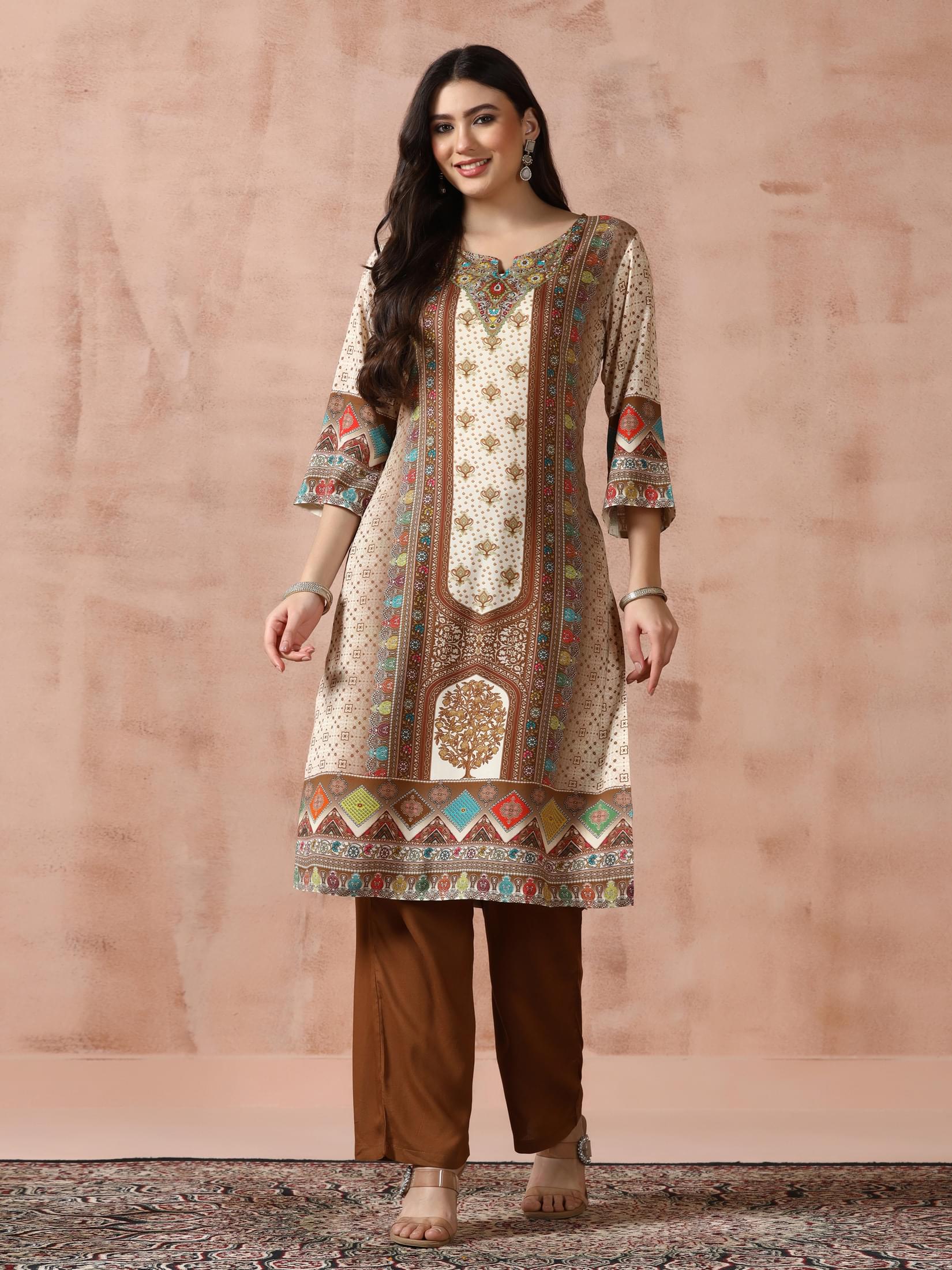 Women Liva Off-white Multicolor Printed Kurta Comfort Pant Dupatta.