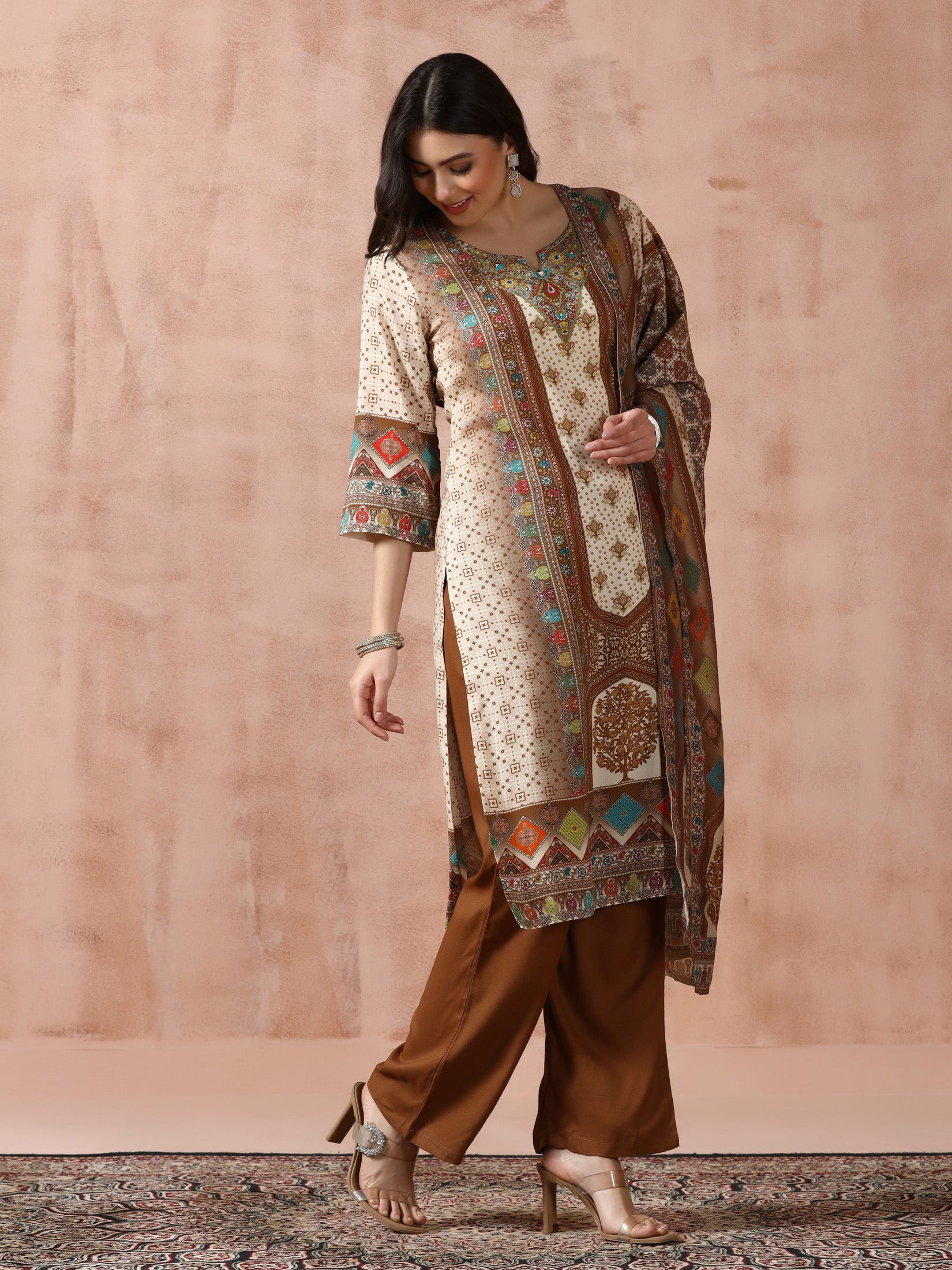 Women Liva Off-white Multicolor Printed Kurta Comfort Pant Dupatta
