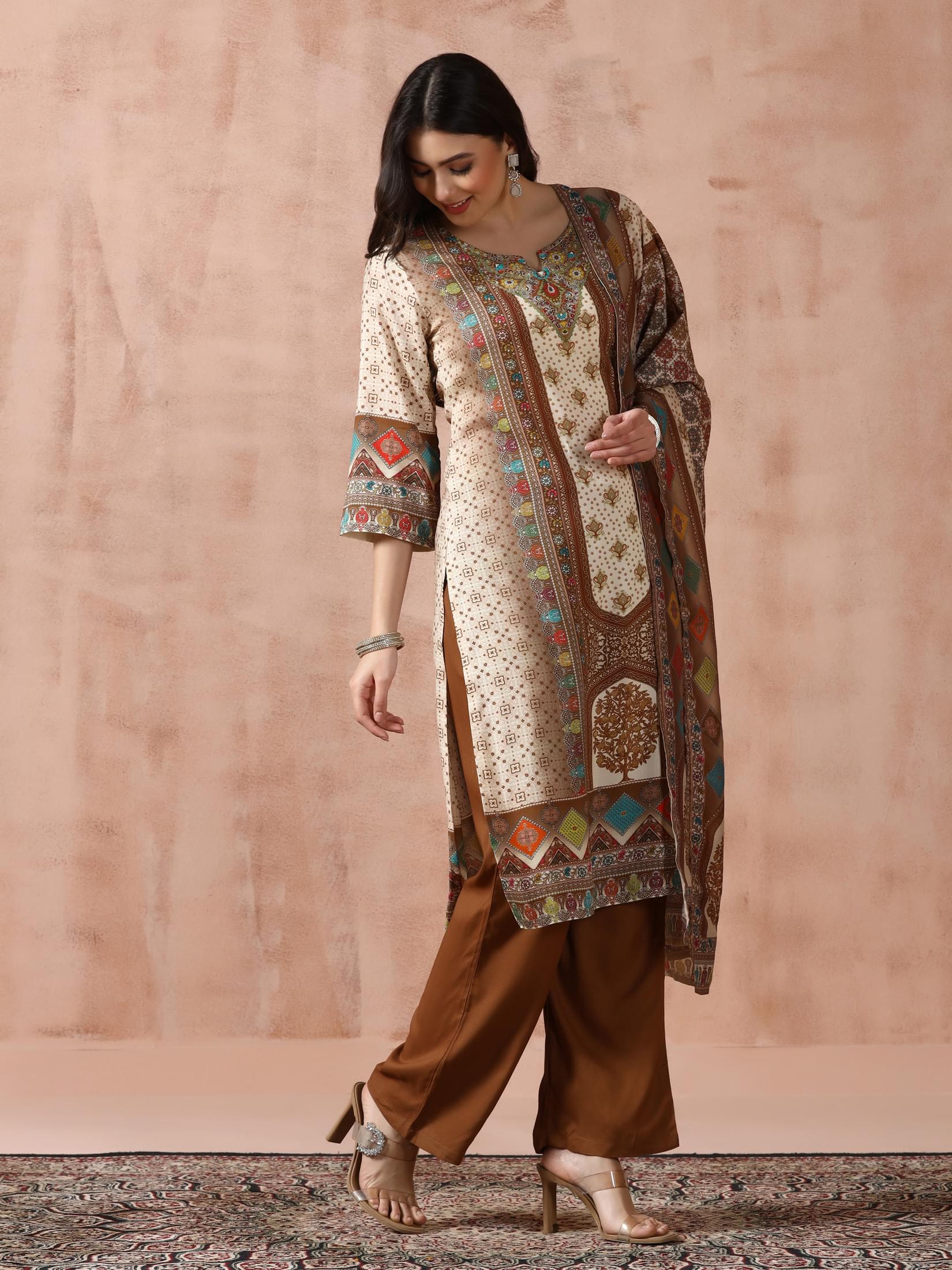 Women Liva Off-white Multicolor Printed Kurta Comfort Pant Dupatta.