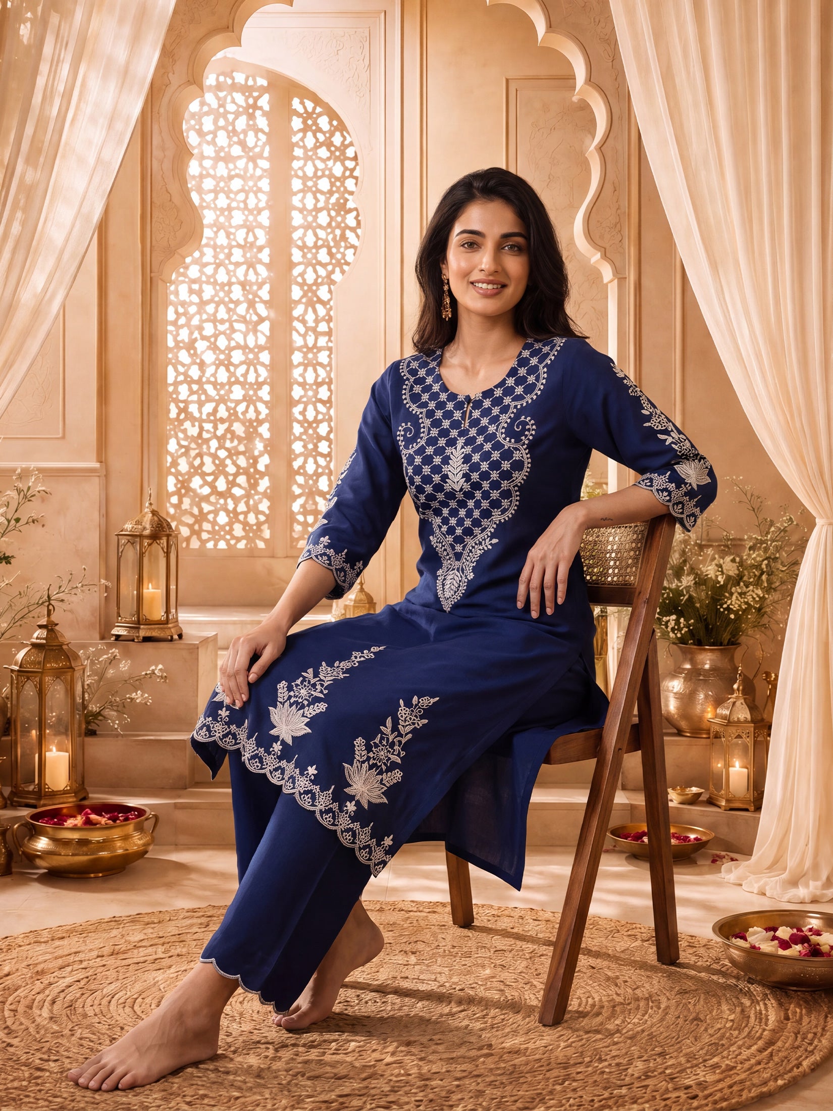 Women Cotton Navy Blue Solid Embroidered Kurta With Comfort Pant.