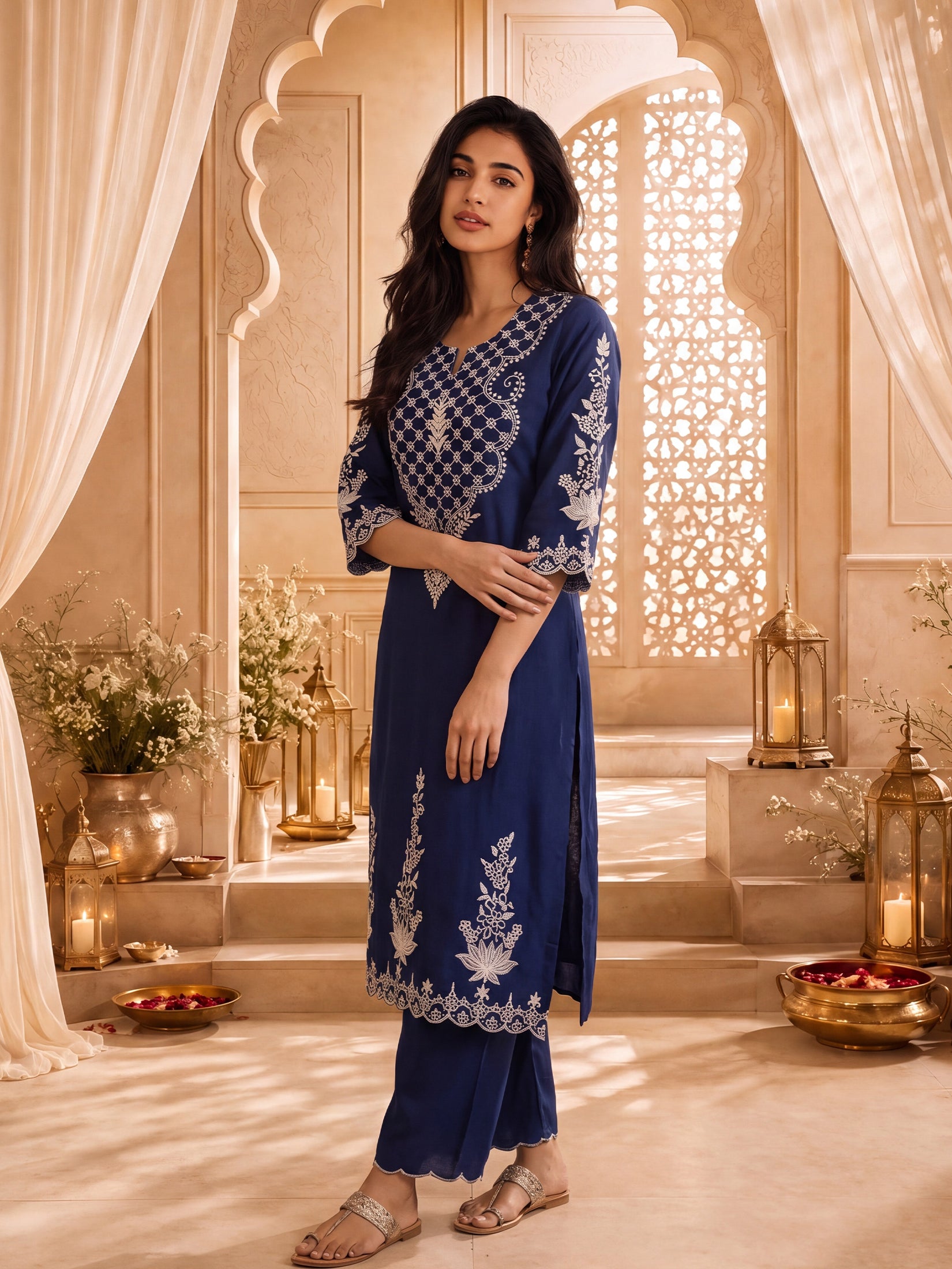 Women Cotton Navy Blue Solid Embroidered Kurta With Comfort Pant.