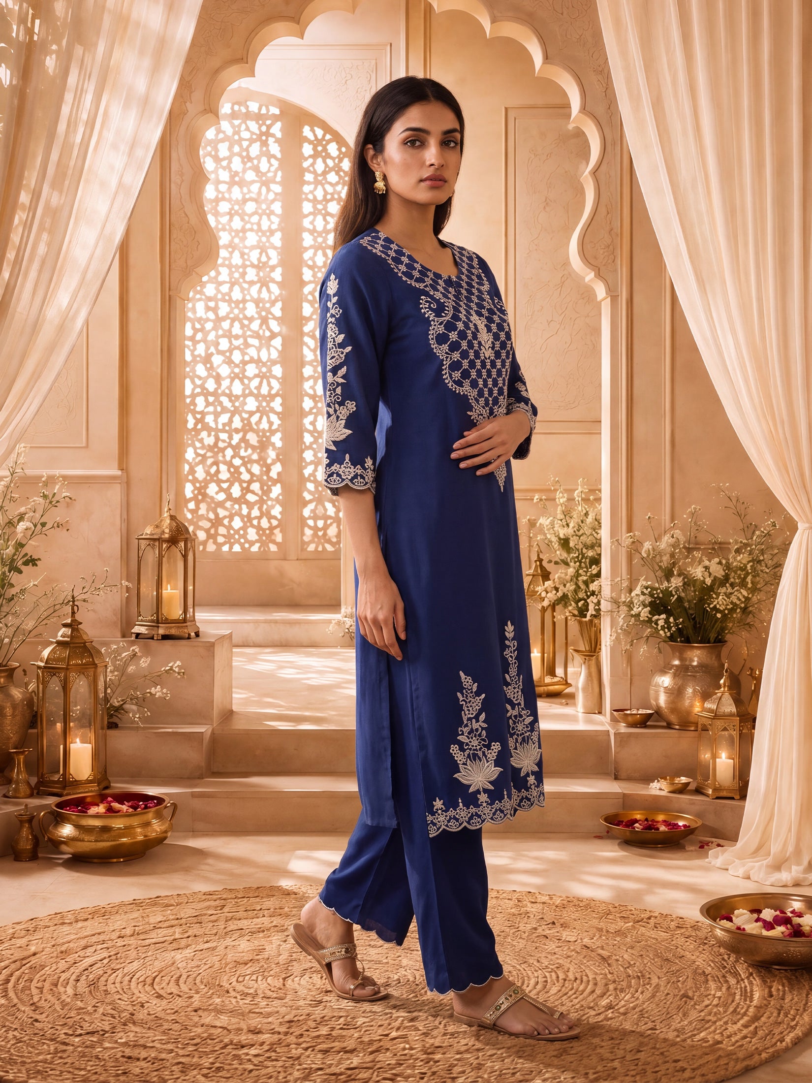Women Cotton Navy Blue Solid Embroidered Kurta With Comfort Pant.