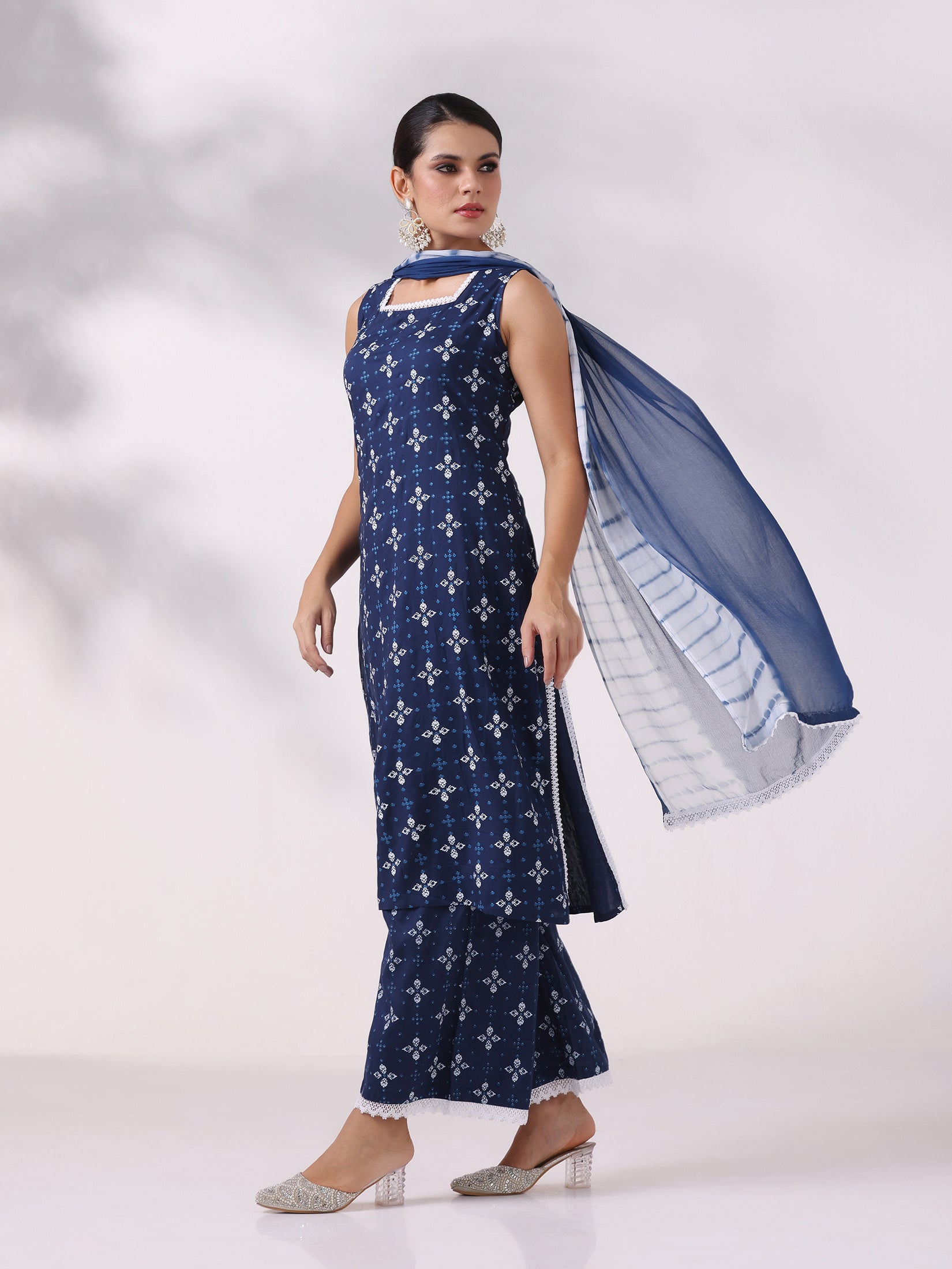 Women Liva Blue Printed Kurta Wide Leg Pant Dupatta