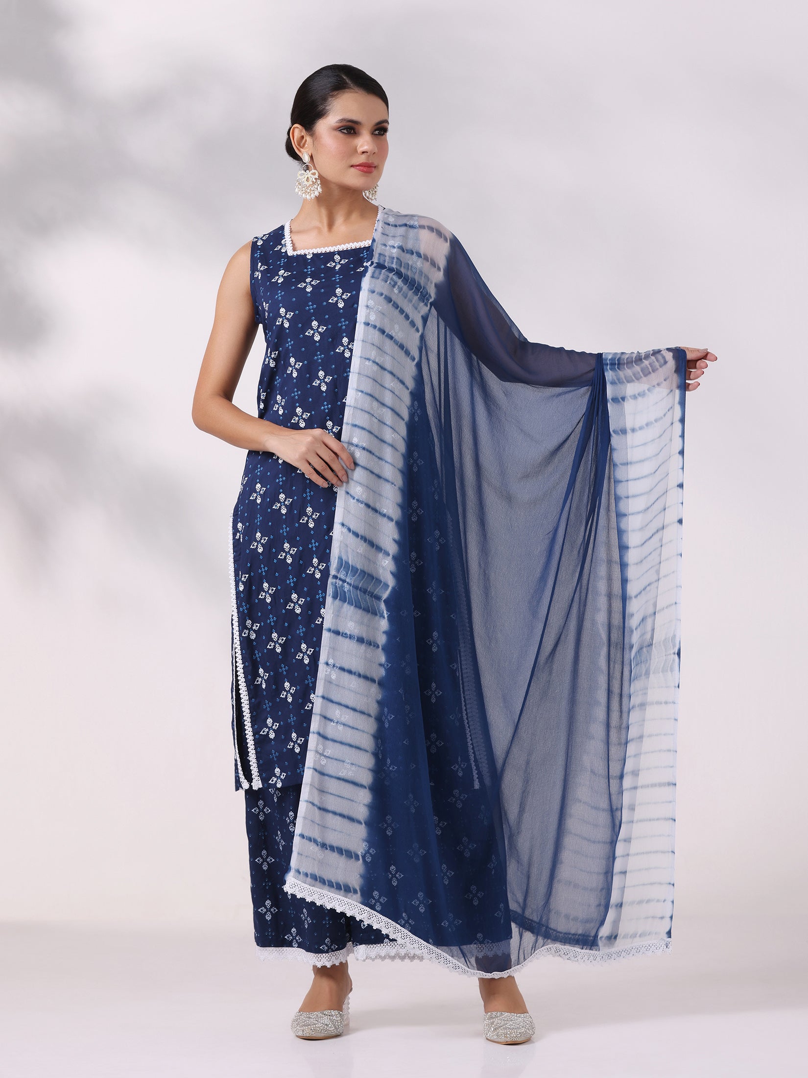 Women Liva Blue Printed Kurta Wide Leg Pant Dupatta