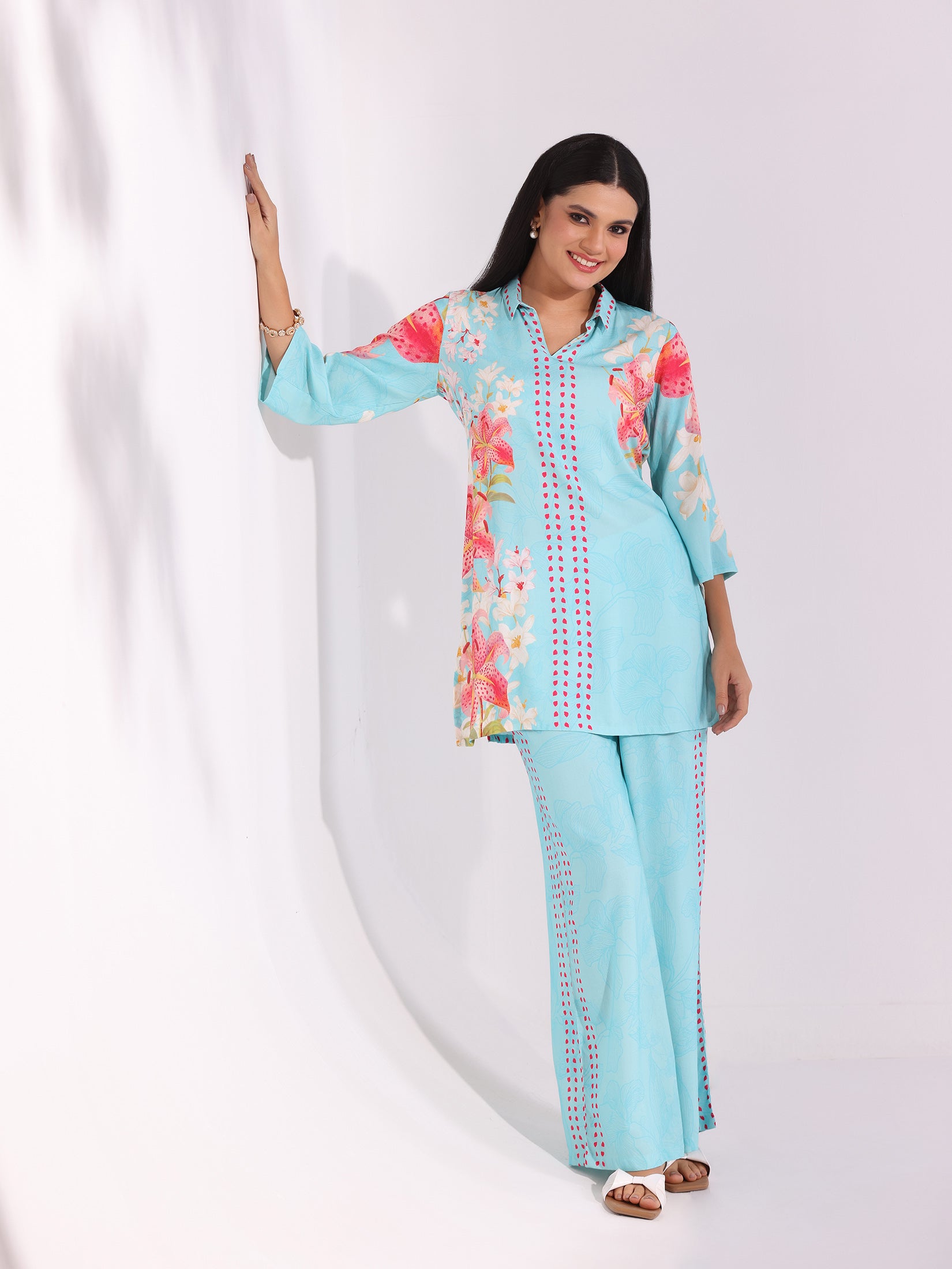 Women Liva Aqua Floral Print Co-Ord Set