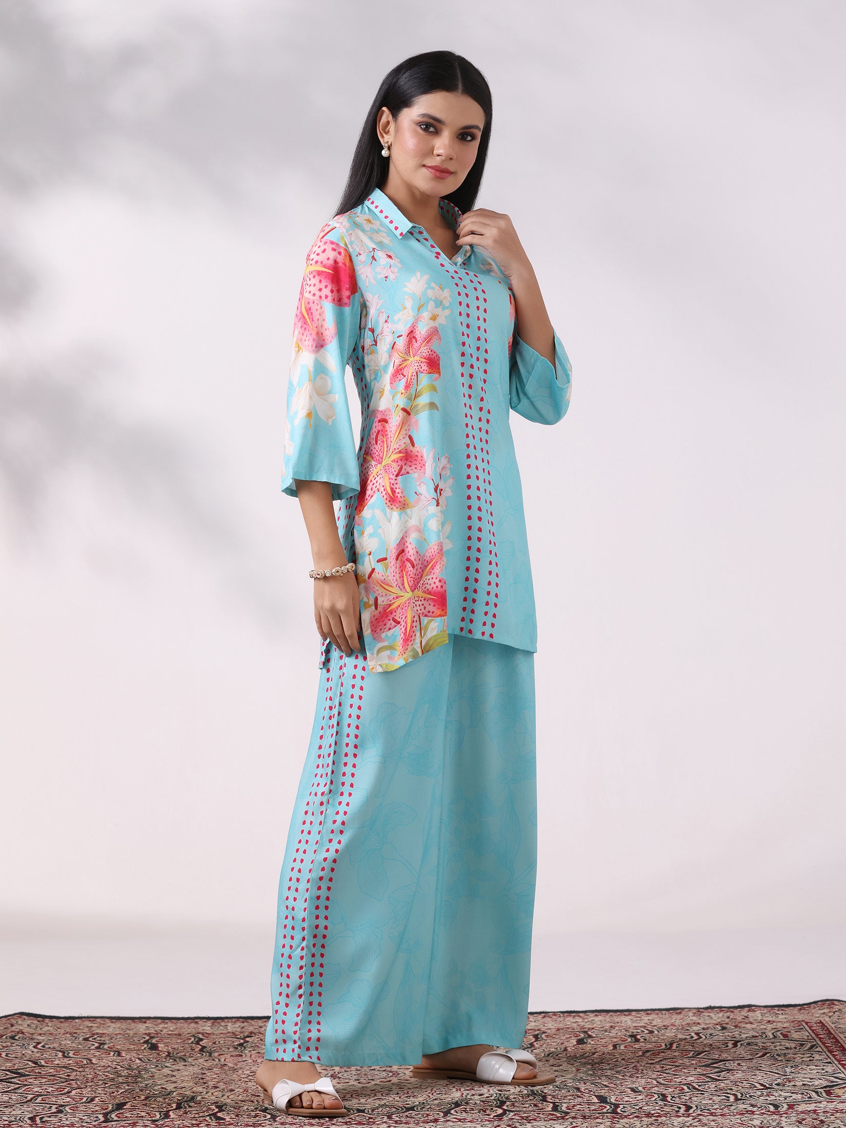 Women Liva Aqua Floral Print Co-Ord Set