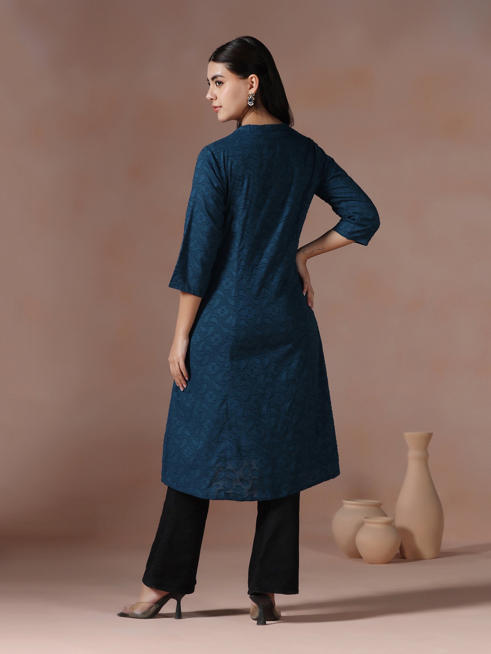 Women Cotton Blue Solid Kurta