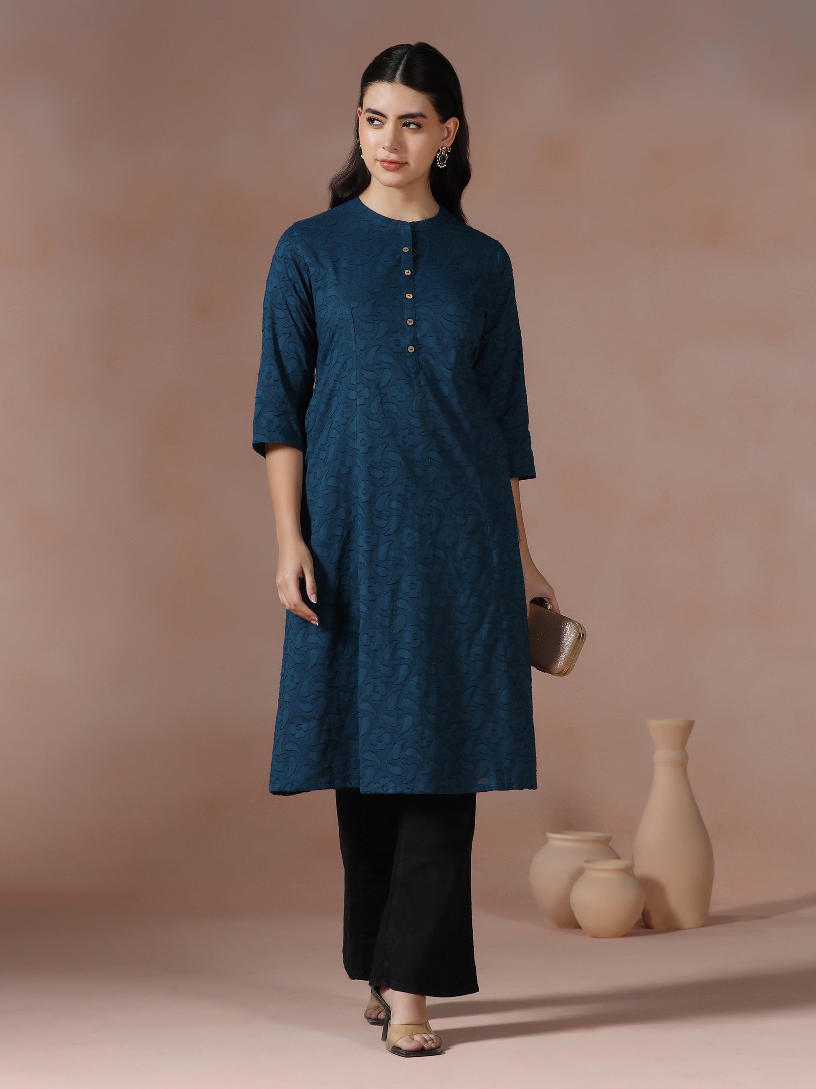 Women Cotton Blue Solid Kurta
