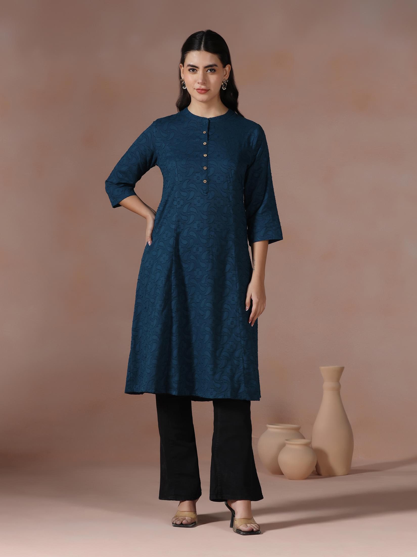 Simple ocean blue solid pure cotton regular fit everyday straight kurta
