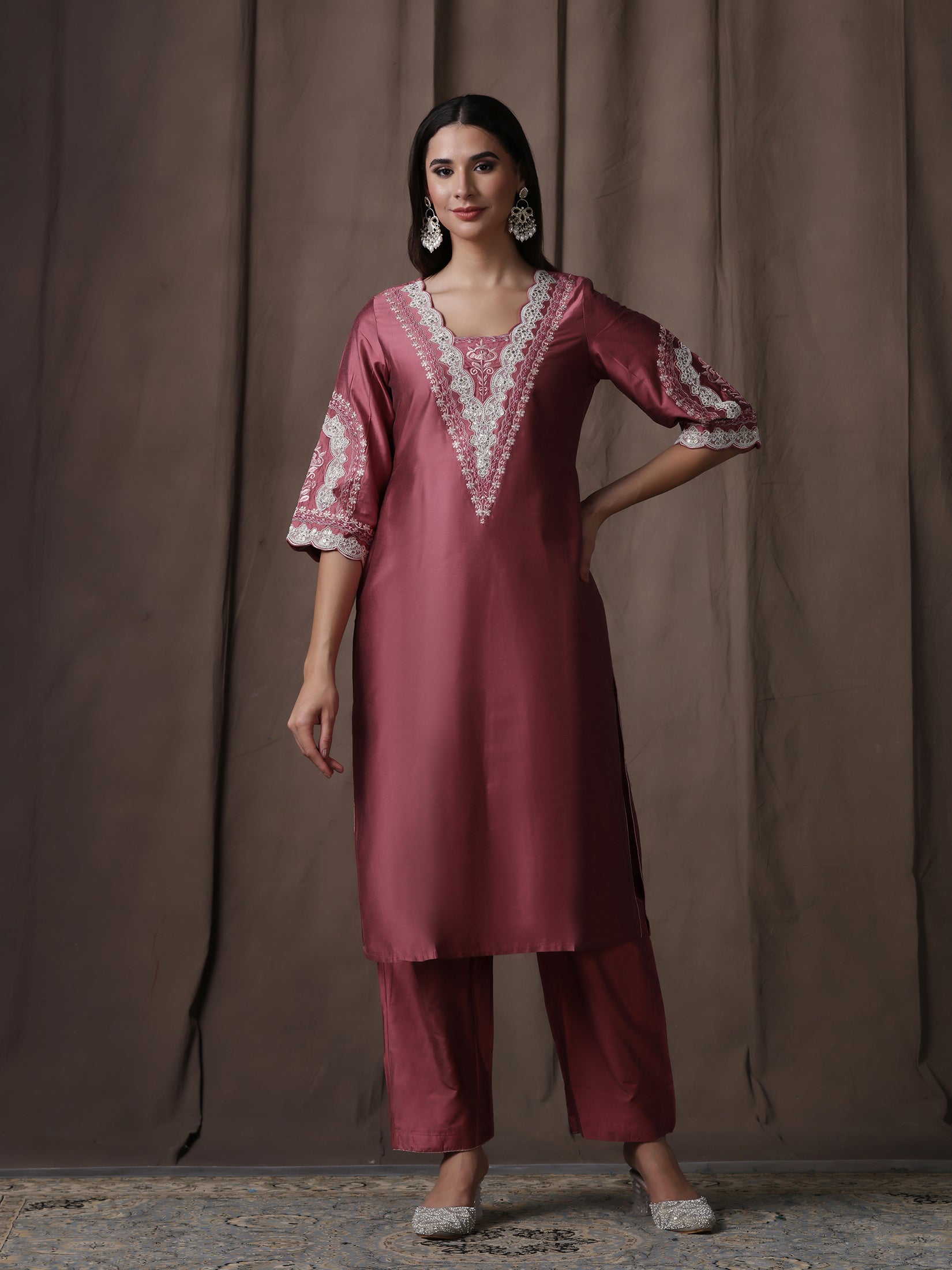 Women Silk Blend Pink Embroidered Kurta Comfort Pant Dupatta