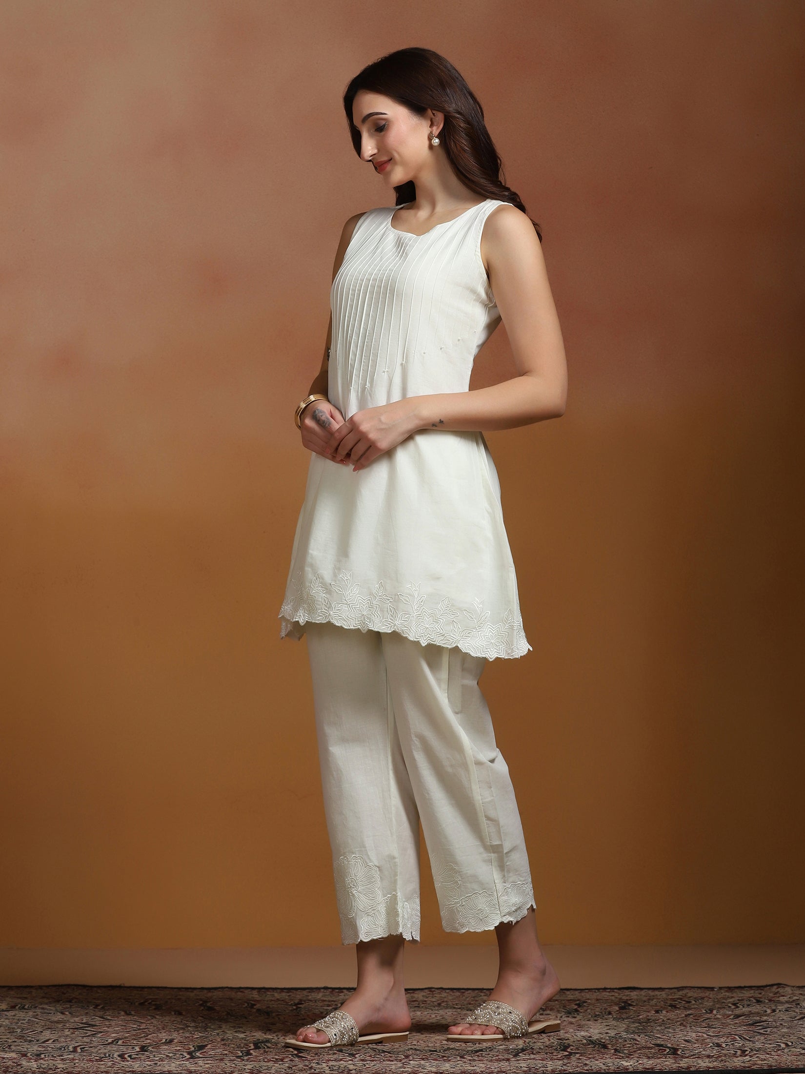 Women Cotton Off White Embroidered Co-Ord Set