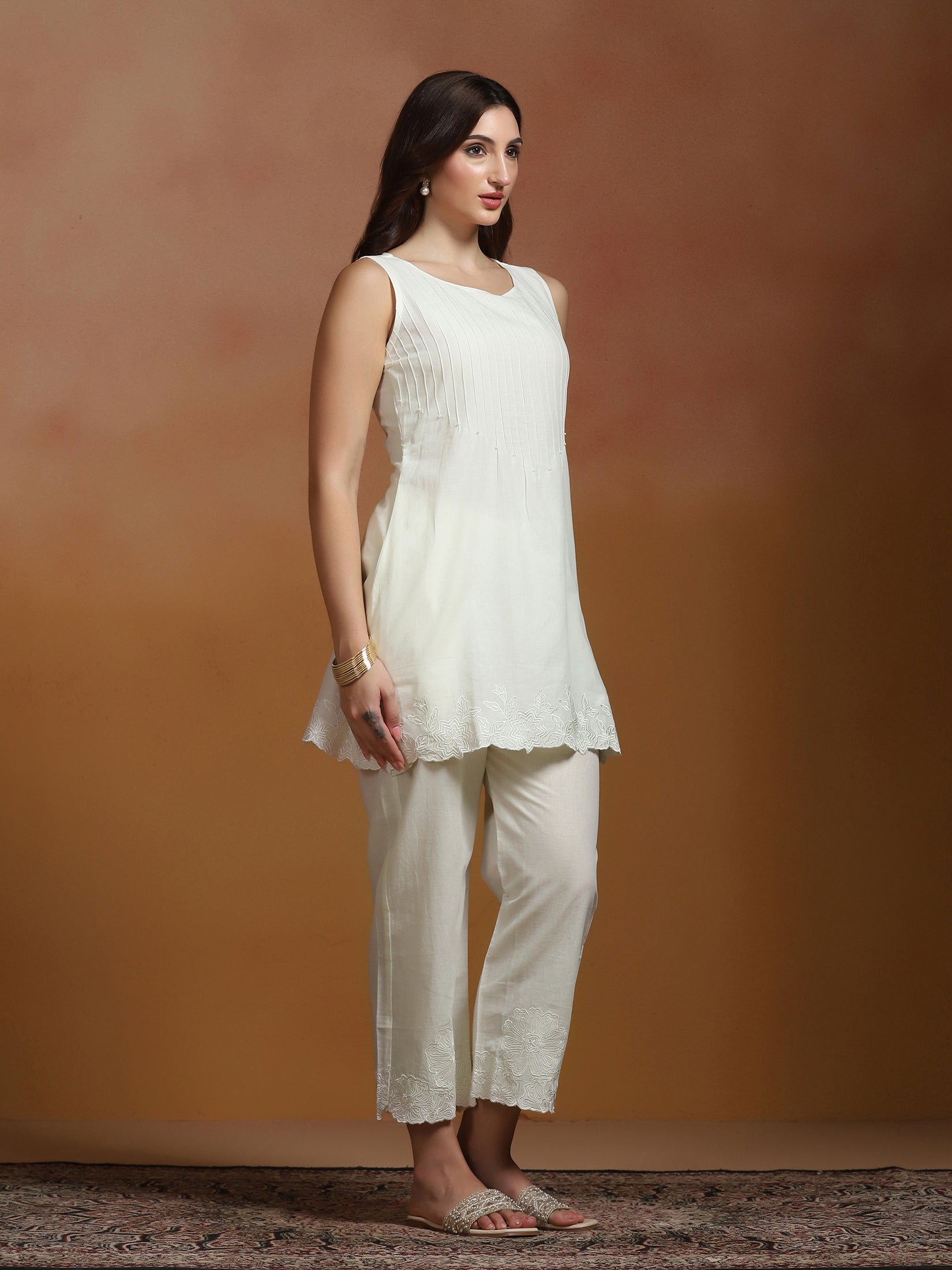 Women Cotton Off White Embroidered Co-Ord Set