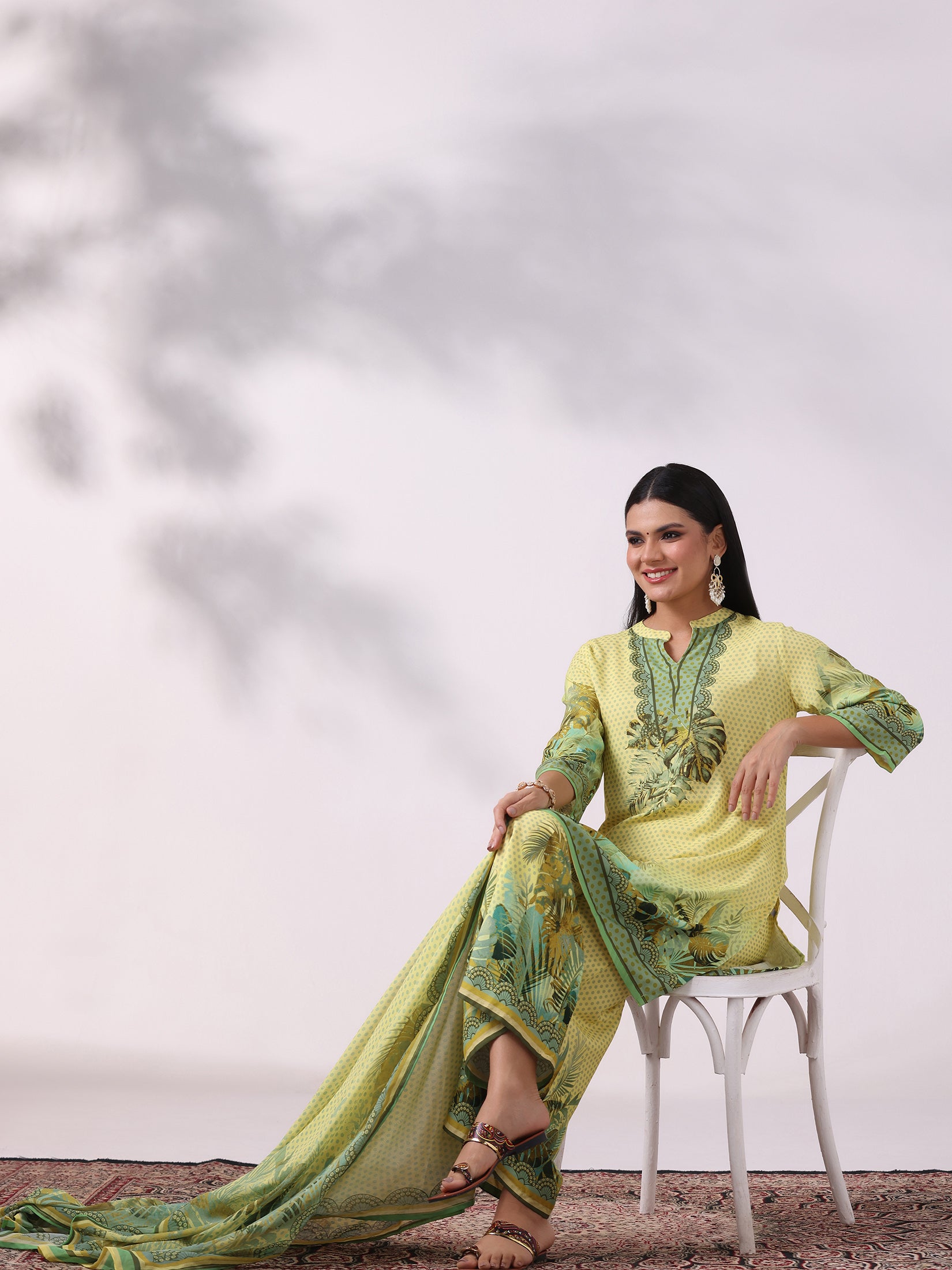 Women Liva Yellow Printed Kurta Comfort Pant Dupatta