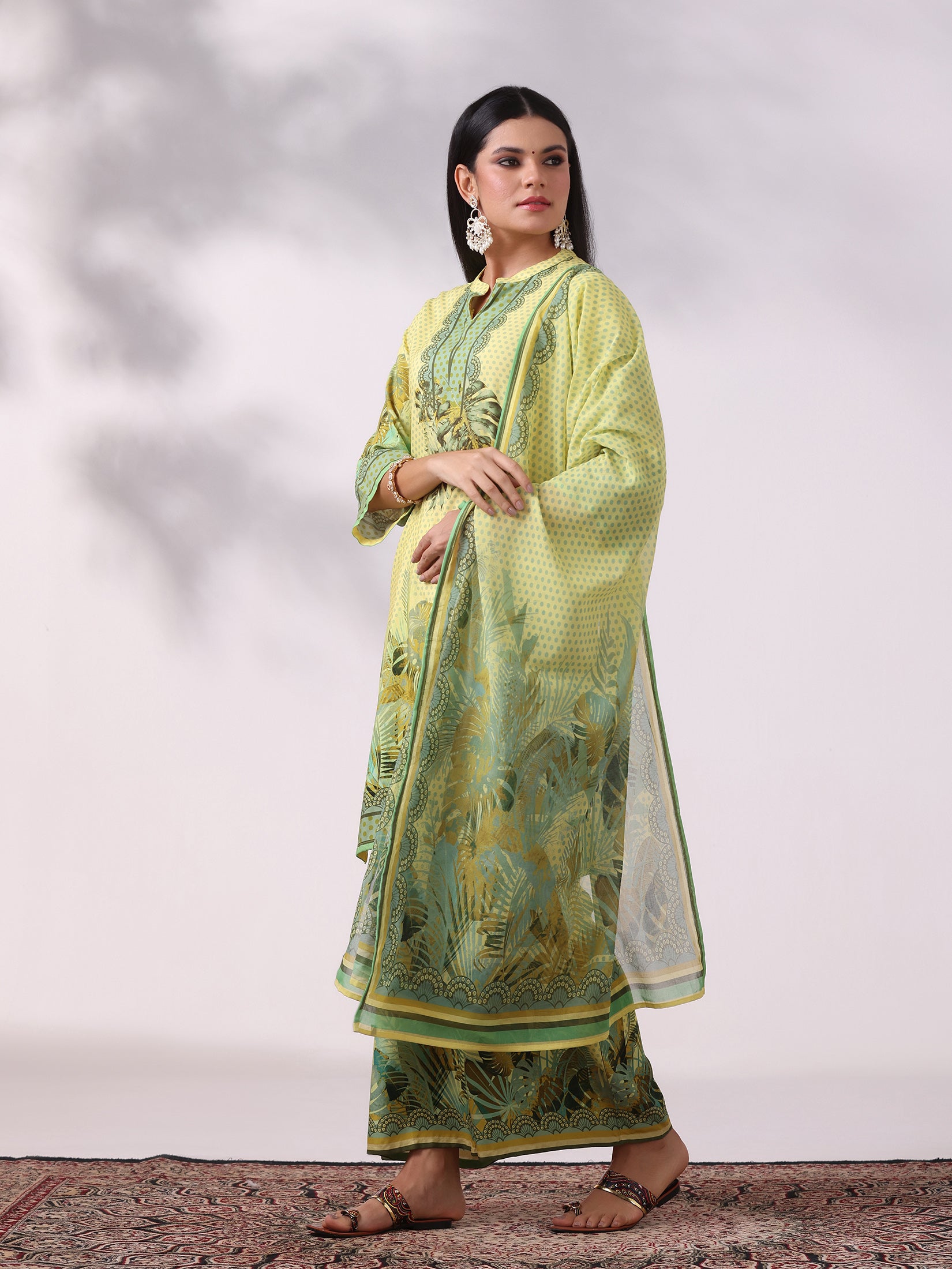 Women Liva Yellow Printed Kurta Comfort Pant Dupatta