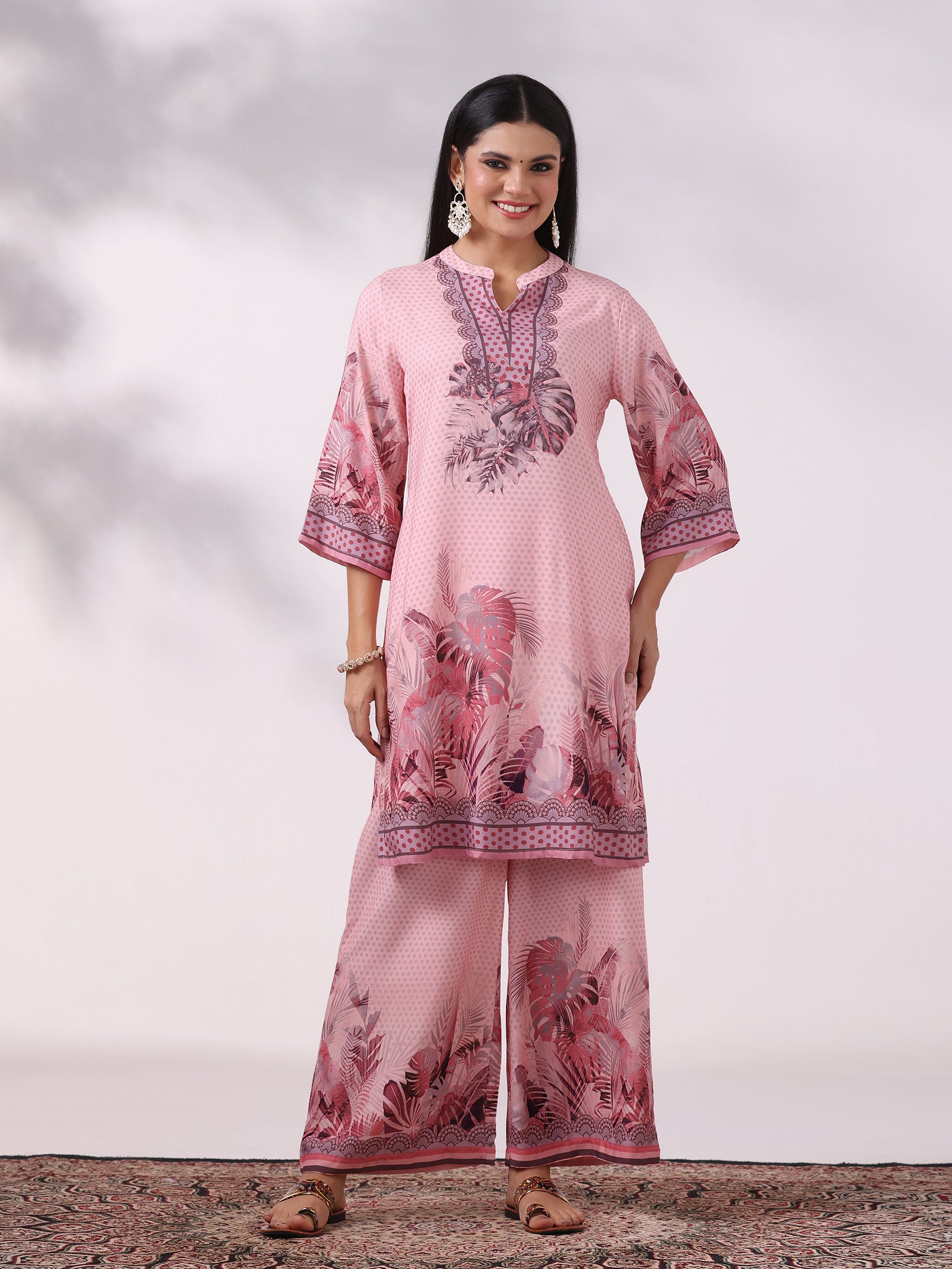 Women Liva Pink Printed Kurta Comfort Pant Dupatta