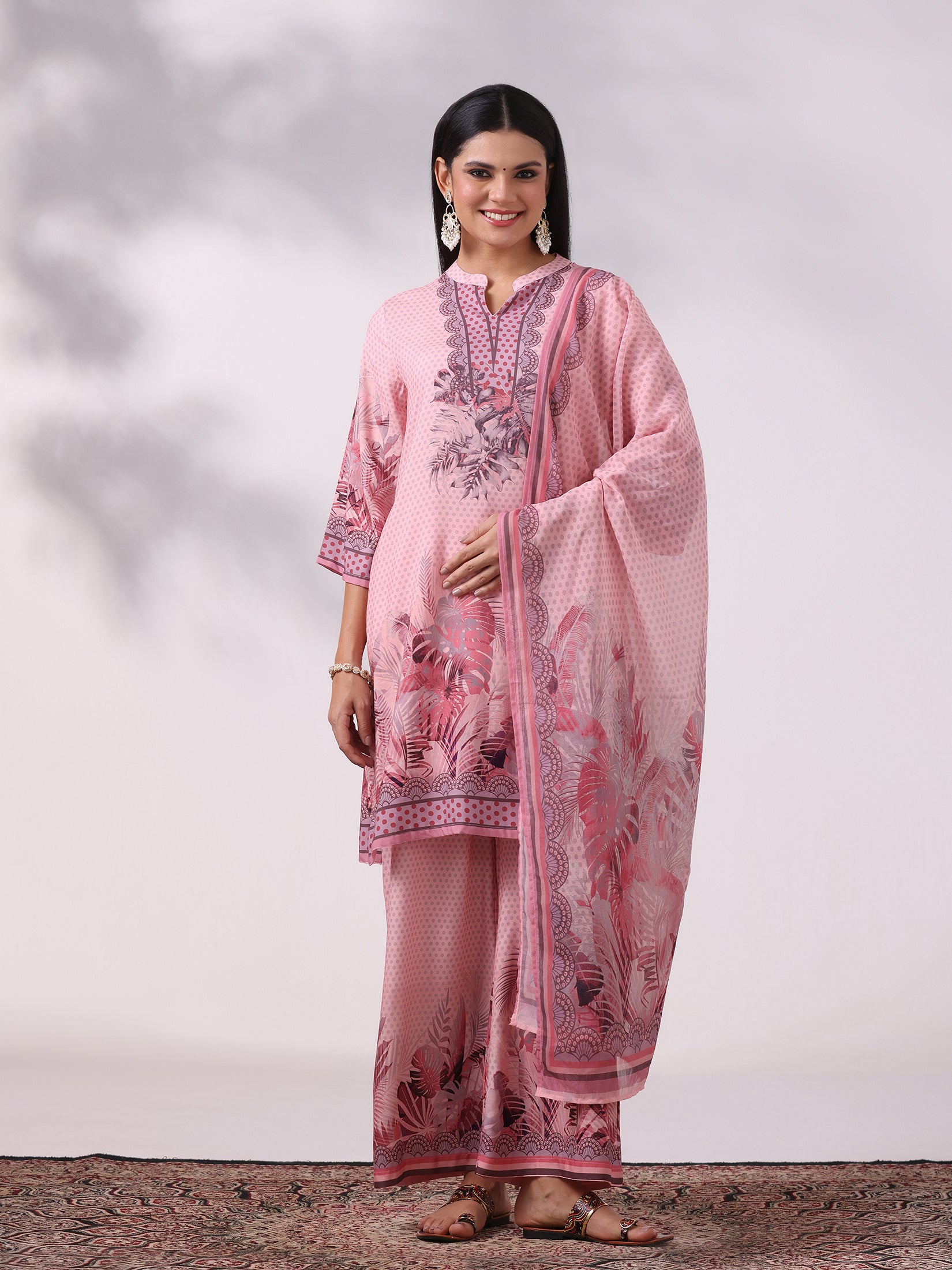 Women Liva Pink Printed Kurta Comfort Pant Dupatta