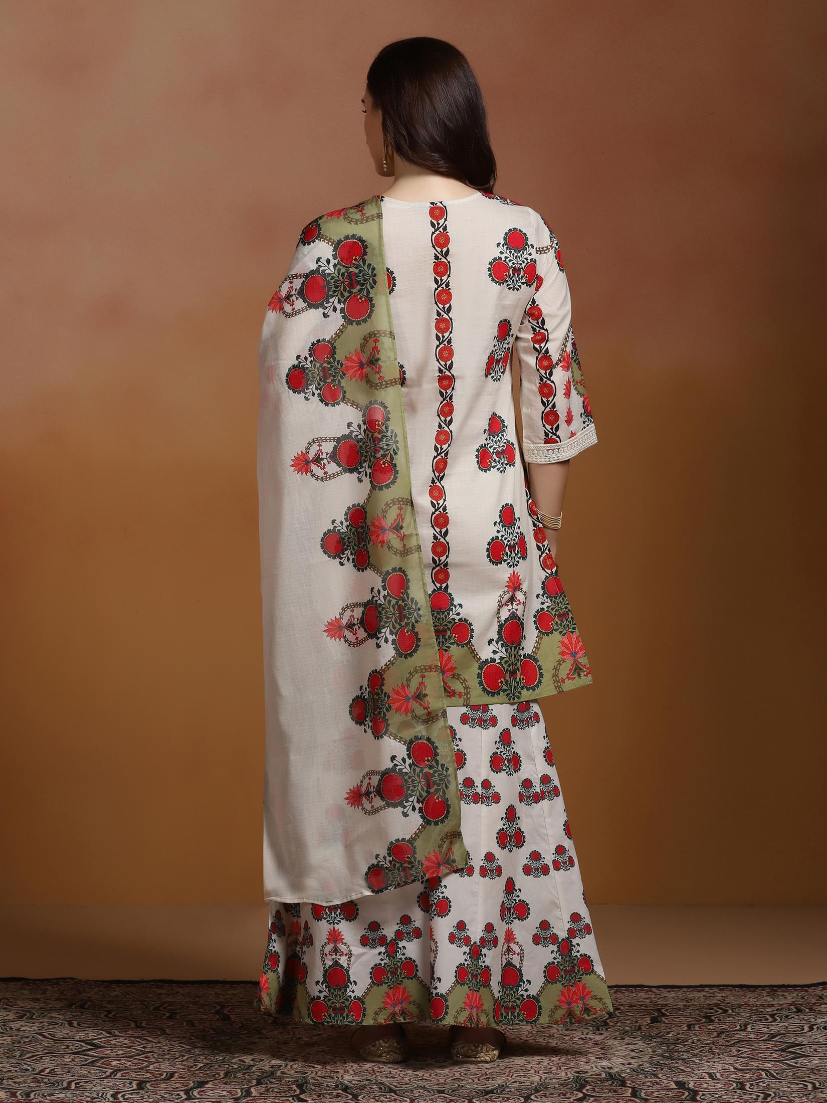 Women Cotton Off White Printed Kurta Sharara Dupatta.