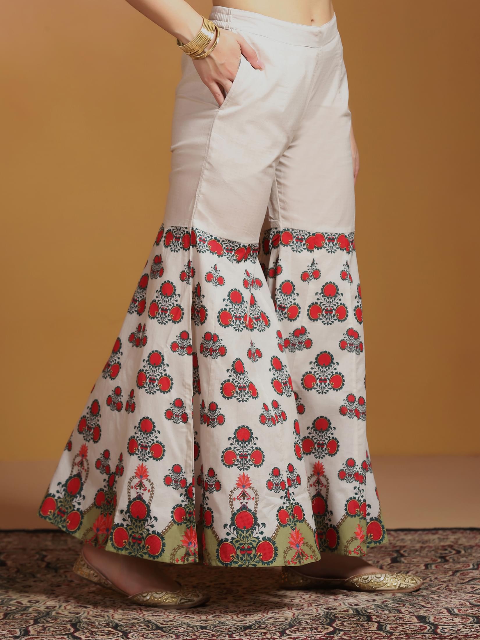 Women Cotton Off White Printed Kurta Sharara Dupatta.