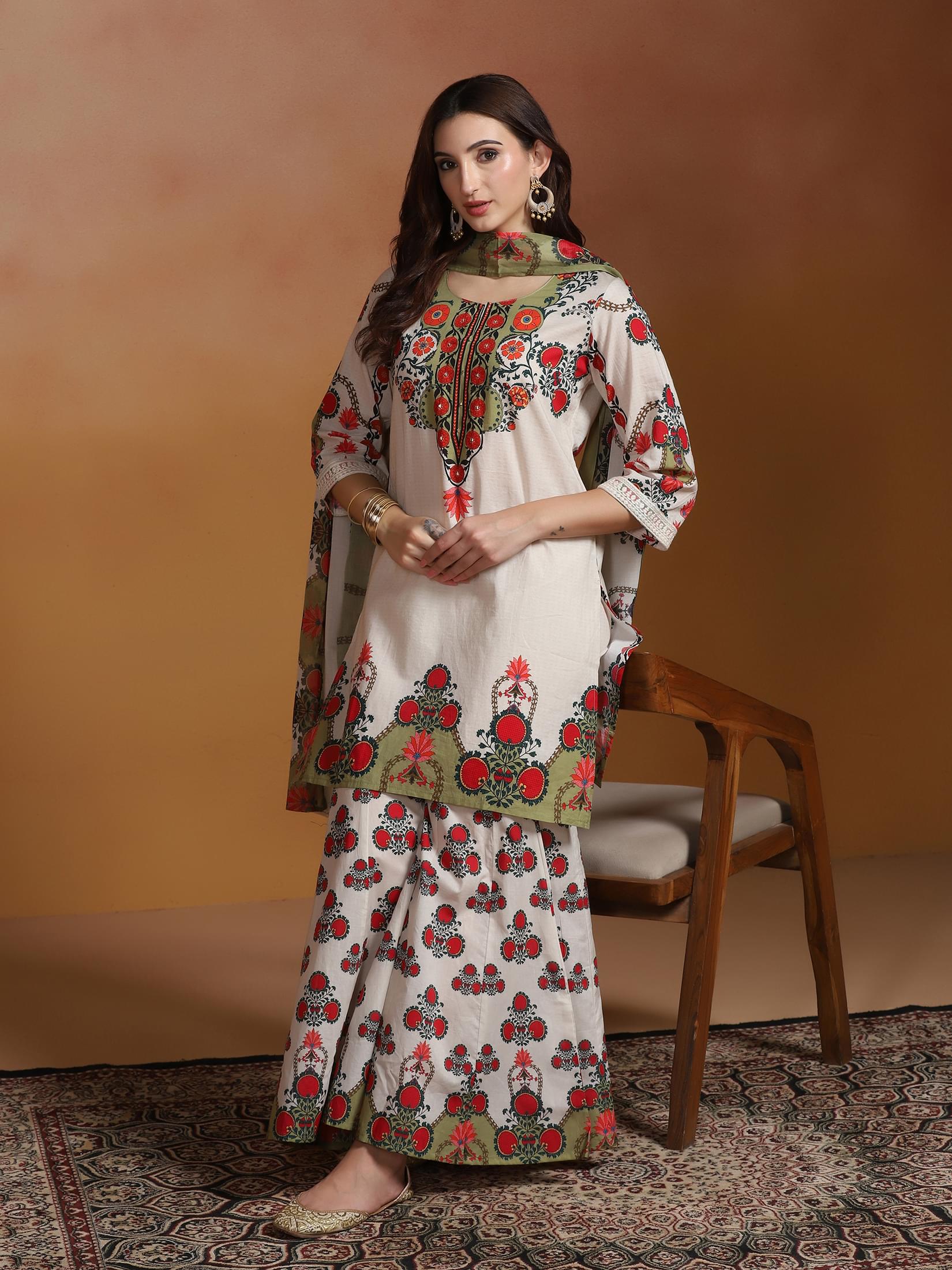 Women Cotton Off White Printed Kurta Sharara Dupatta.