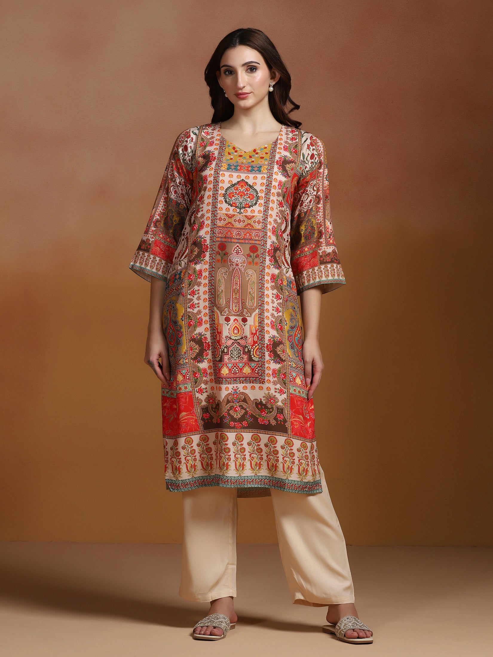 Women Liva Pink Multicolor Printed Kurta Comfort Pant Dupatta