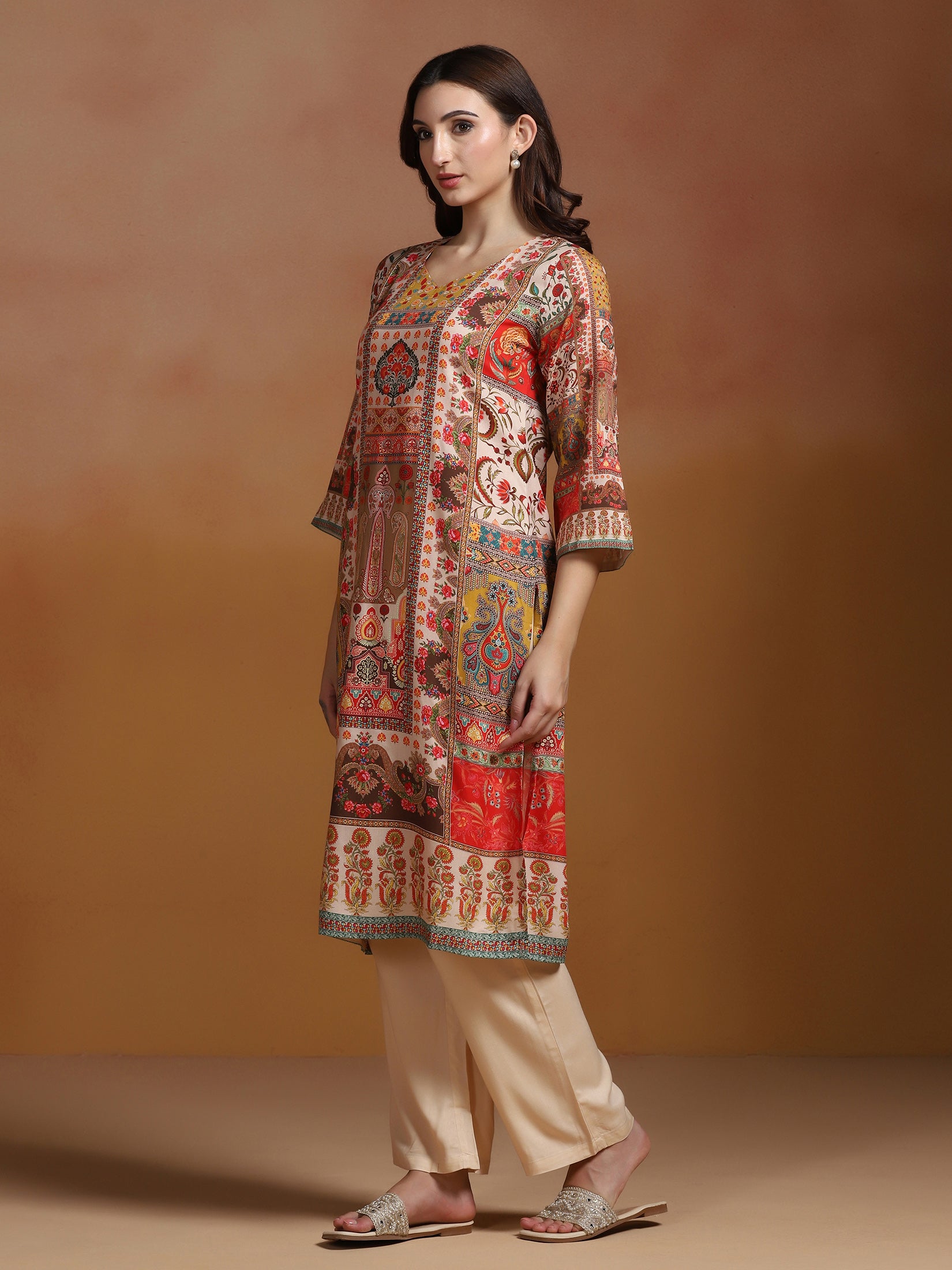 Women Liva Pink Multicolor Printed Kurta Comfort Pant Dupatta