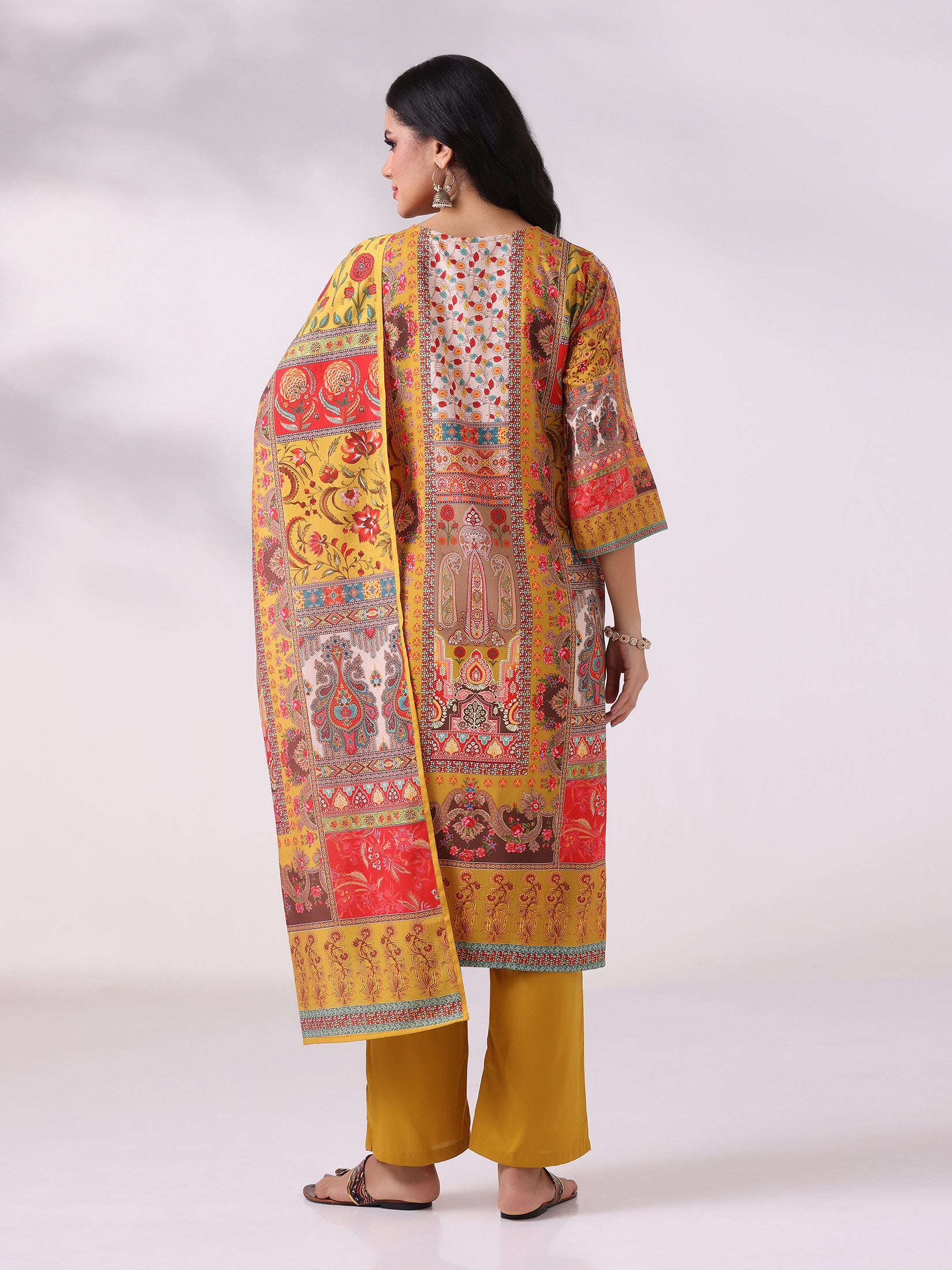 Women Liva Mustard Multicolor Printed Kurta Comfort Pant Dupatta