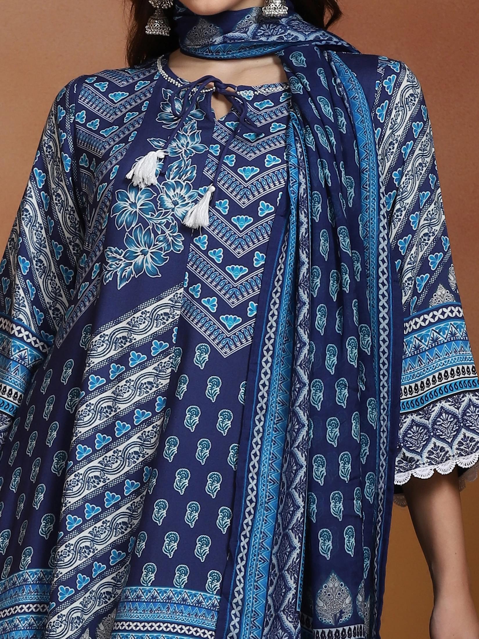Women Liva Blue Printed Kurta Comfort Pant Dupatta.