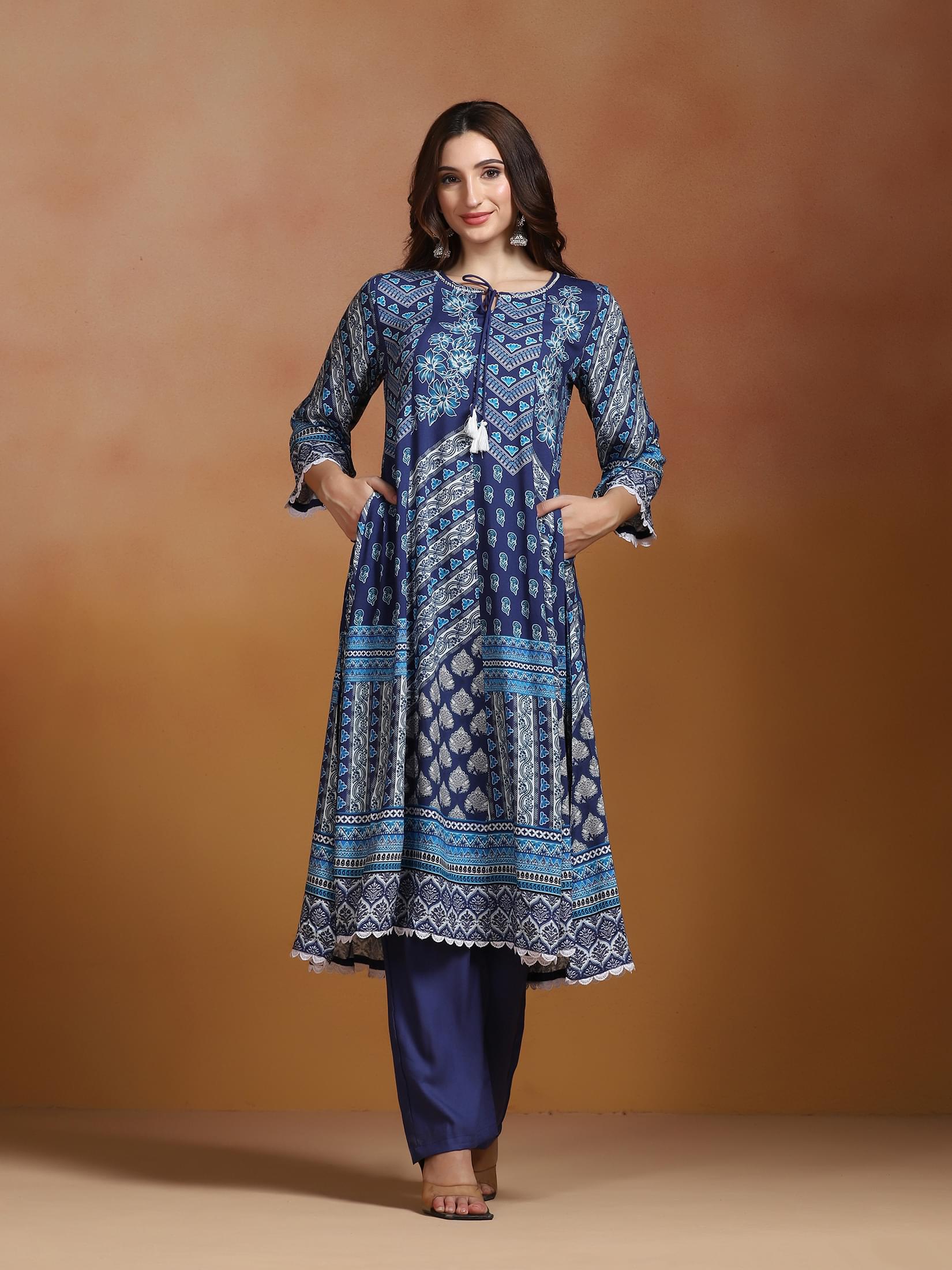 Women Liva Blue Printed Kurta Comfort Pant Dupatta.